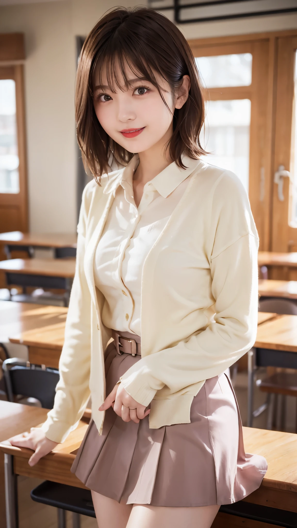 Caucasian 14 year old girl、classroom、Background Blur、super high quality、sunlight、Blouse and skirt 、Fair-skinned beautiful girl、disheveled bob hair、Small breasts、Small breastsの谷間、Fleeting Expression、Clear contours、Adult atmosphere、high resolution skin、Fair and beautiful thighs、Seduce a man、Open Mouth(1.6)、Apply red lipstick、Put on a cardigan、slender