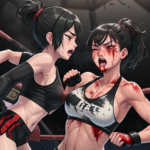 Punching the opponent in the stomach。punch to the stomach。A battle royal between two beautiful young female mixed martial artists。Bruised Belly。Covered in blood、Covered in wounds and in a bad shape。They are fighting violently。Suffering from damage。Mouth open and dripping blood。Facial swelling。Bruised body。With one eye closed, it seems painful。Fighting inside the Octagon。I&#39;m soaked in sweat。A ripped and worn-out sports bra、bikini、Open Finger Gloves。Erect nipples。Short black hair。