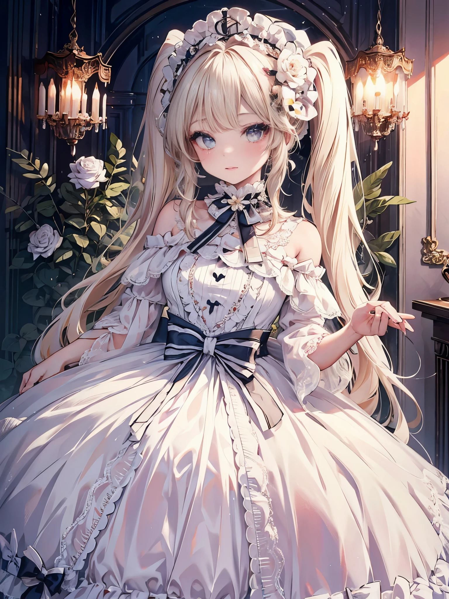 masterpiece, highest quality, High resolution, SA1, Floral Off-Shoulder Dress, sparkling eyes, false eyelashes, Platinum Blonde Twin Tails, Cute atmosphere, Rose,