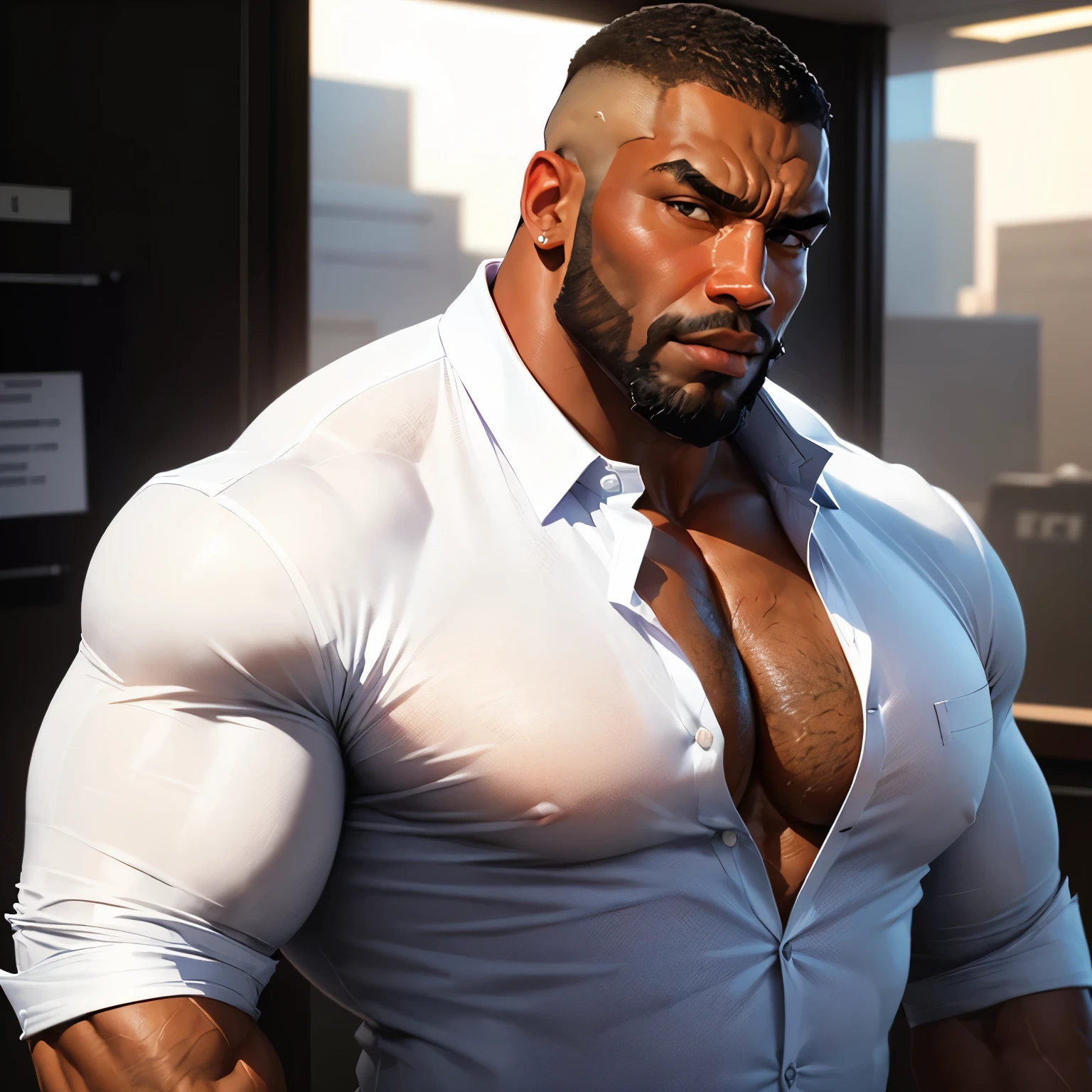 an exaggeratedly muscular and large bodyguard, beefy build, beard, dark-skinned african american male, buzzcut hair with square line, (surprised expression: 1.2), (wearing unbuttoned white business shirt: 1.2), open shirt, small name tag on shirt, (bara pecs: 1.3), (arm and chest hair: 1.1), close-up portrait HD, (bright fluorescent office building with large windows)
