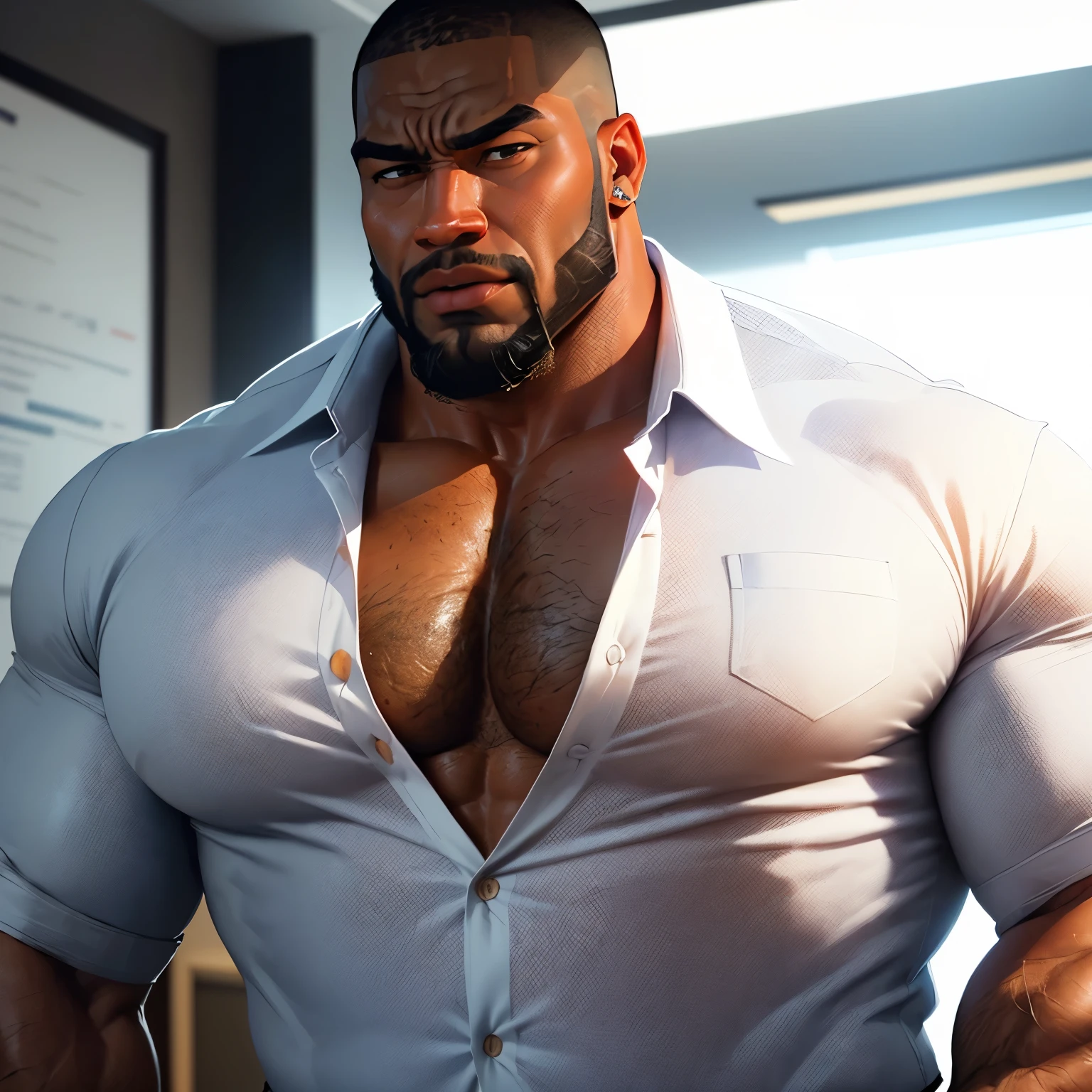 an exaggeratedly muscular and large bodyguard, beefy build, beard, dark-skinned african american male, buzzcut hair with square line, (surprised expression: 1.2), (wearing unbuttoned white business shirt: 1.2), open shirt, small name tag on shirt, (bara pecs: 1.3), (arm and chest hair: 1.1), close-up portrait HD, (bright fluorescent office building with large windows)
