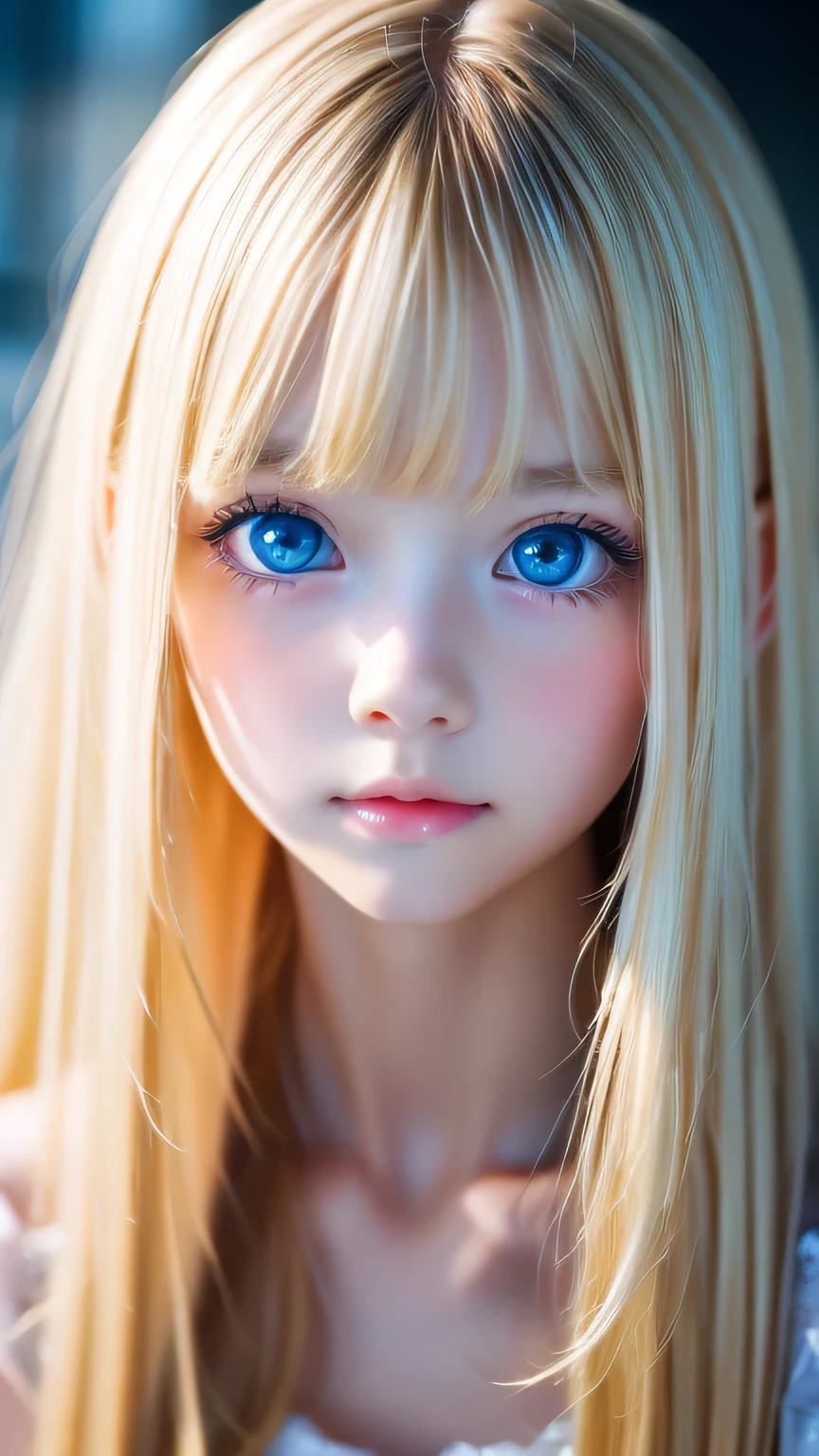 1 Girl, very messy blonde hair, Beautiful blonde、Very beautiful super long shiny hair、bangs over eyes、Very beautiful cute face、Transparent, white, lustrous, beautiful skin、solo、super high quality、Hard Focus、Film Grain、Ultra-high resolution、masterpiece、Beautiful detailed, clear, sparkling, light blue large eyes、Very big eyes