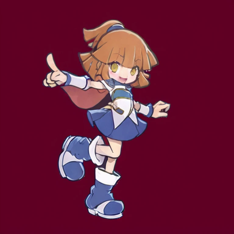 (masterpiece, best quality,highres,extremely detailed),break,
1 girl,chibi anime,arlenadja, 1girl, solo, skirt, brown hair, blue skirt, brown eyes, boots, short hair, half updo, blue footwear, knee boots, armor,break,
full body shot,smile,open mouth, standing , raise one leg ,one arm down,one arm pointing,no background