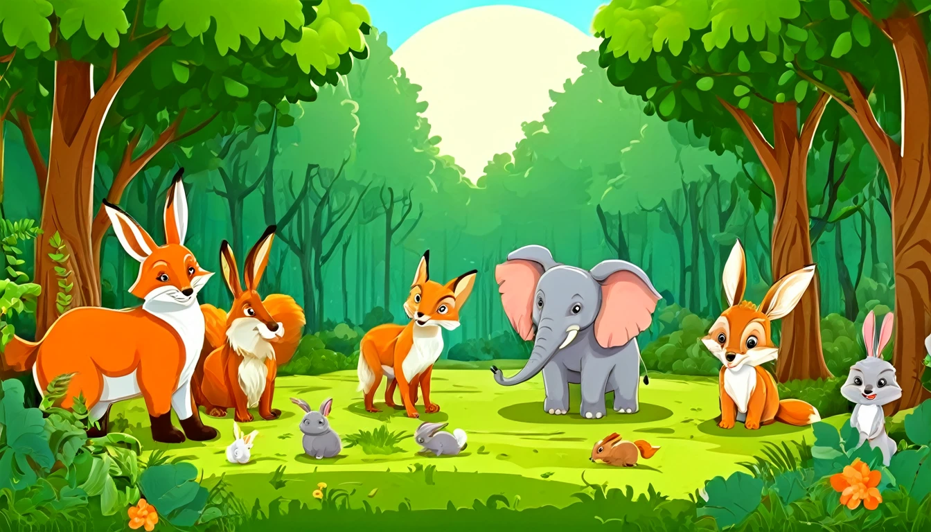 Squirrel, elephant, rabbit, fox and other animals lived in the forest. Cartoon style