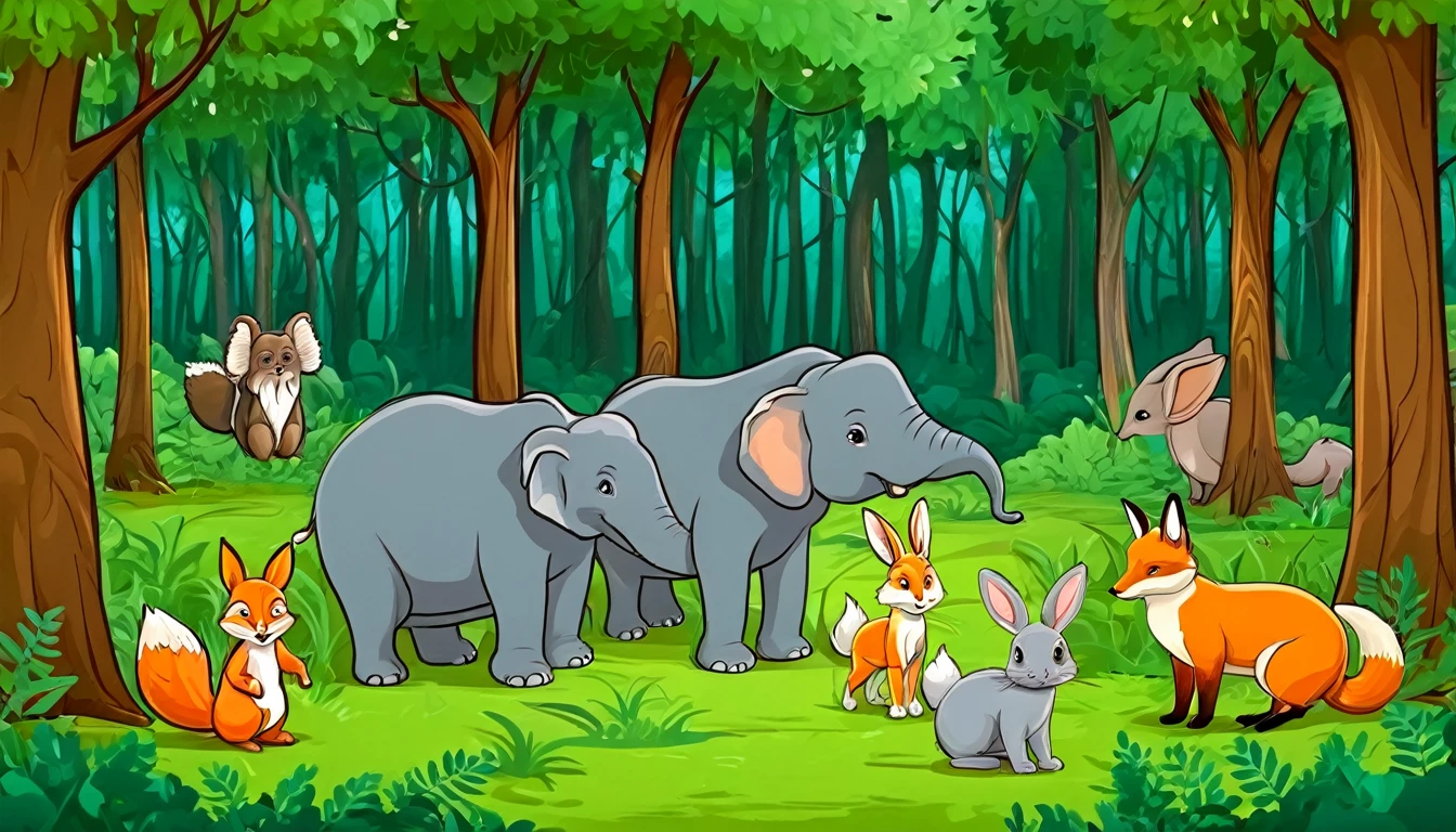 Squirrel, elephant, rabbit, fox and other animals lived in the forest. Cartoon style
