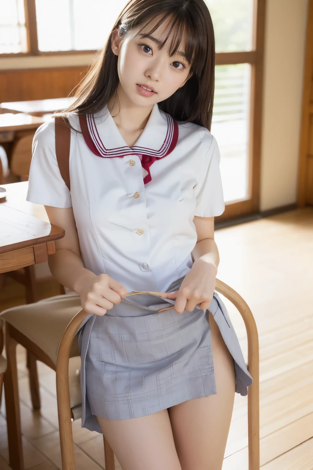 ((Big Breasts))、From above、8k, highest quality, (Skin dents), morning, (bright), blurred background, indoor, (street:0.6), (), Beautiful Bangs, nice,, (dress, High School Uniforms:1.3),Soft lighting,(((I&#39;m not wearing a skirt))), Charm, classroom,School, machine,Chair ,White light, (Mouth closed:1.2, Beautiful Eyes、ロケット型のBig Breasts, Fine grain, Detailed Iris, Beautiful Lips, Beautiful Nose, Beautiful Face)、Relaxed pose with relaxed shoulders、Small cotton thong panties、skirtlift,panties
highleg panties