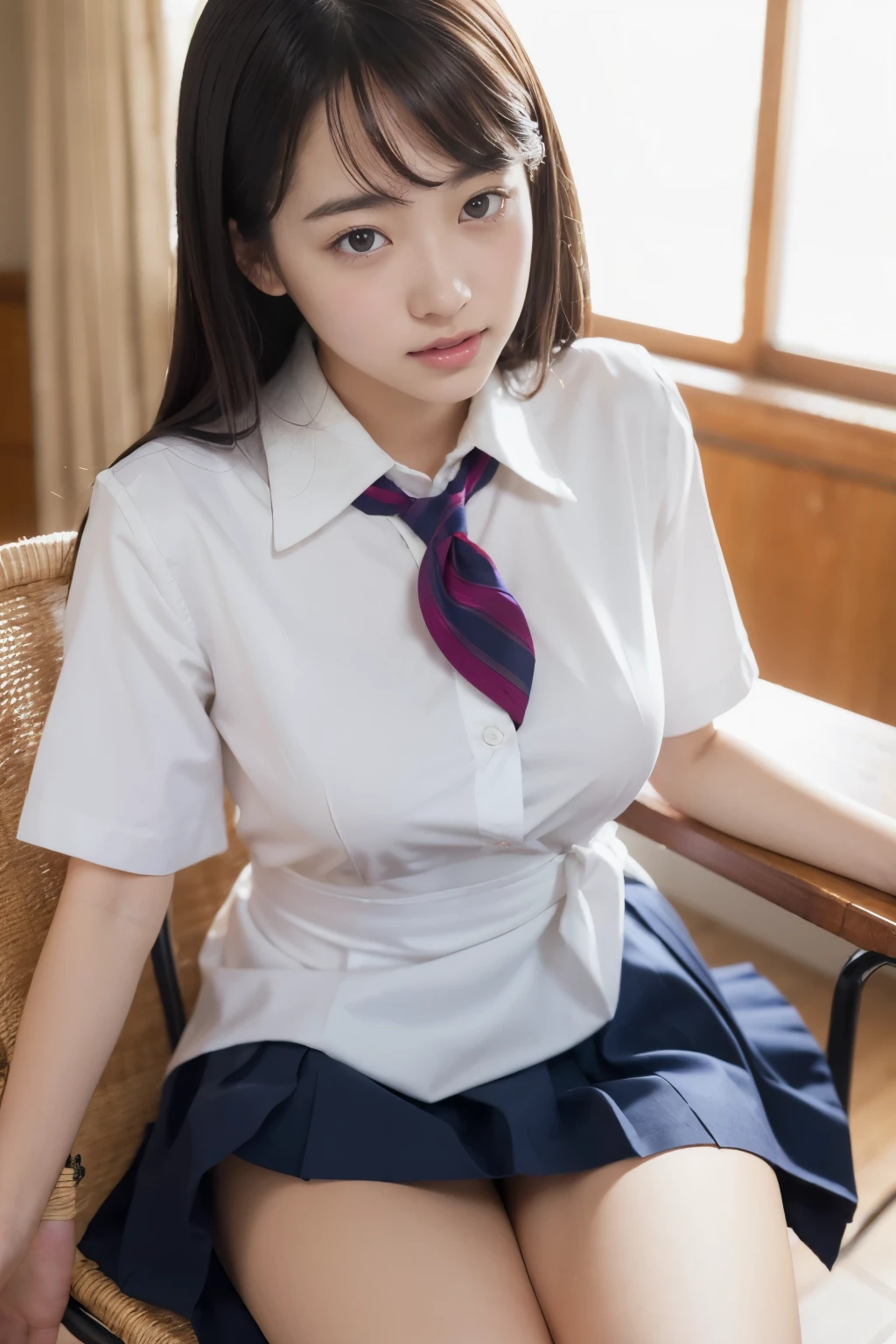 (Raw foto、​masterpiece、top-quality、Hi-Res)、Cute Japan person、huge tit、be shy、Shyness、red blush、One woman、attractive bodies、huge tit:1.4、Long wavy hair、High School School Uniform、thighs thighs thighs thighs、White Socks、open-shirt、Tight shirt、Sheer shirt、Ribbon on the head、serafuku、Very short skirt、School Bag、lowfers、Panchira、Soaring skirt、Fluttering skirt、Fluttering hair、panties on、embarrassed from、(perfect anatomia、Beautiful limbs、Healthy body,Beautiful skin)、early evening、evening glow、professional、