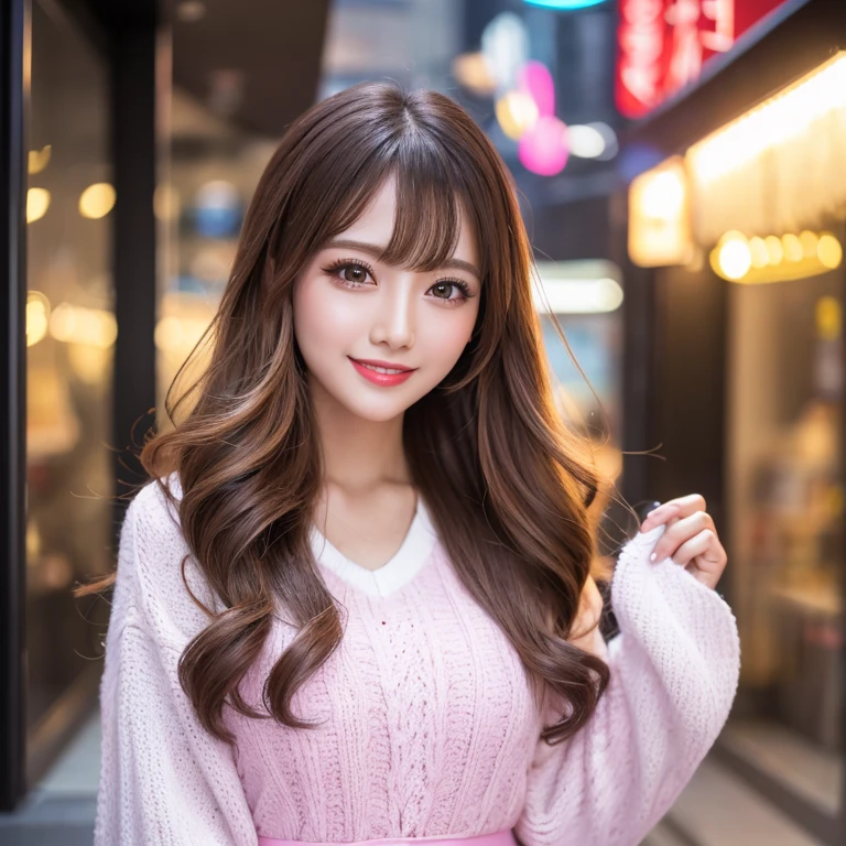 ((highest quality, Tabletop, Ultra-high resolution、The most complex and detailed depiction))、(Very bright lighting:1.1)、(Spring-like clothes)、(Beautiful woman:1.1)、(Long Wavy Hair:1.05), (Accurate anatomy:1.1)、Color Contact Lenses、Perfect Makeup、、lipstick、Highly saturated eyeshadow、Cute one-piece figure、(Big and ample breasts:1.1)、blurred background, look at me and smile、outside、City Background(Face close-up:1.1)、(Ultra-high resolution光沢, Fair skin:1.1)、Ultra-high resolutionの顔、Ultra-high resolutionの髪、Ultra-high resolution sparkling eyes、Ultra-high resolution glossy lips、(very brightly illuminated white skin:1.1)、Beautiful face drawn in every detail、Ultra-high resolution perfect beautiful teeth、(very bright and vivid:1.1)