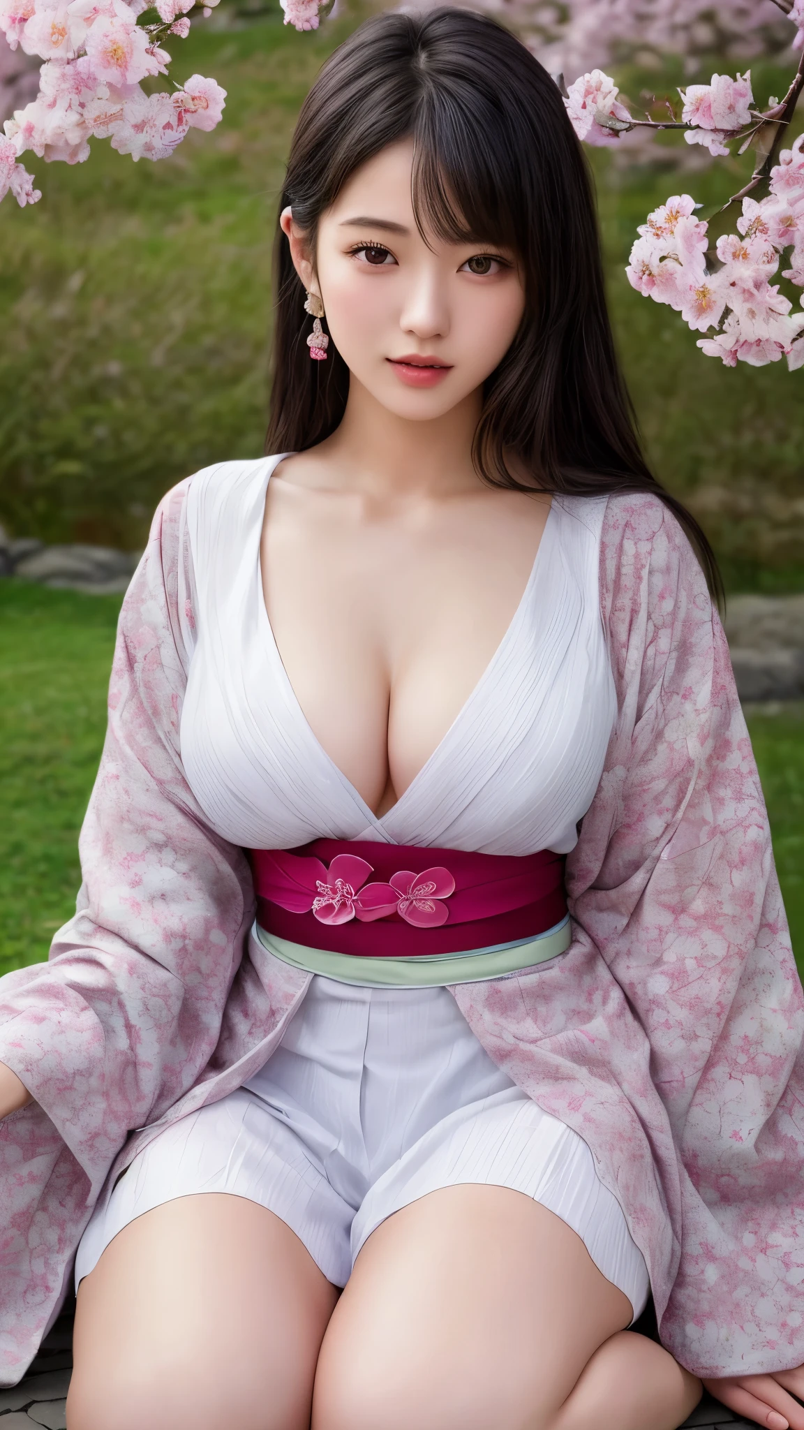 最high quality、high quality、Best image quality、8k、最High resolution、High resolution、最high quality、masterpiece、Detailed and realistic human body、Detailed and realistic skin、Realistic face in every detail、Realistic eyes down to the details、Realistic lips in every detail、Realistic teeth in every detail、Detailed and realistic ears、Detailed and realistic hair、Detailed and realistic weapons、Realistic reproduction of every detail、Realistic fingers in every detail、(Beautiful Hands、thumb1reference4)、Realistic feet down to the last detail、((Beautiful Japanese Girl))、(Japanese Model), (Japanese women)、((18 year old beautiful girl))、(Black Hair)、(Random Hairstyles)、((whole body))、((Beautiful upturned breasts))、(slim style、Slim fit)、(whole body光沢肌、Fair skin)、Soft natural light、Long-sleeved kimono、kimono、yukata、Japanese tradition、Japanese garden、((See-through mesh(花柄入りkimonoを着用))、((sit under the cherry tree(Poses to make your thighs look beautiful))
