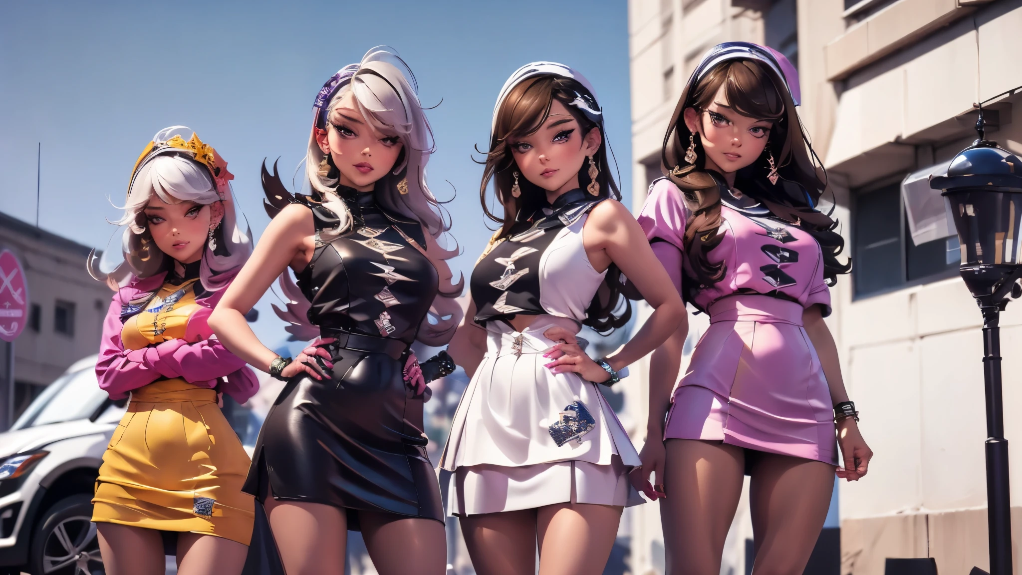 ((We have 4:1.8))、(4 sisters)、gal、(neon street)、(Four tall high school girls with model figures:1.7)、(Standing facing this), (best quality,4k,8k,highres,masterpiece:1.2),ultra-detailed,(realistic,photorealistic,photo-realistic:1.37),portraits,[close up],[women],[group],[short skirts],A close up of a group of women in short skirts, beautiful detailed eyes,beautiful detailed lips,extremely detailed faces,gorgeous makeup,stylish hairstyles,fashionable outfits,sassy poses,confident expressions,city backdrop,vibrant colors,soft lighting,colorful bokeh. ultra-high-quality. ultra detail.
