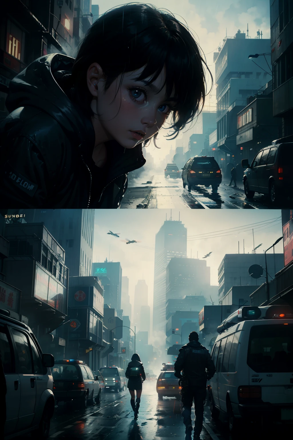 ((highest quality)), ((masterpiece)), (be familiar with), (High definition), (Accurate), (Realistic), (Cinematic), (Best Shadow), (Low contrast), (8K), Perfect Face, ((SYD MEAD style)), manga、mangaデザイン、Storyboard、Frame division、1 Female, Black Hair, very short hair, ((Blue Eyes)), (Replicant), (Action Scenes:1.2 )、Wearing a hooded raincoat、Hollow Eyes、(Scramble crossing), Being chased by the police、The car is jammed、The drone is flying、congestion, congestion, Decadent Future City, NEO TOKYO, A.D.2051, (steam:1.2), It's raining white, evening, (Close-up of face)、(explosion)、(Terrorist incidents)、Bust Shot
