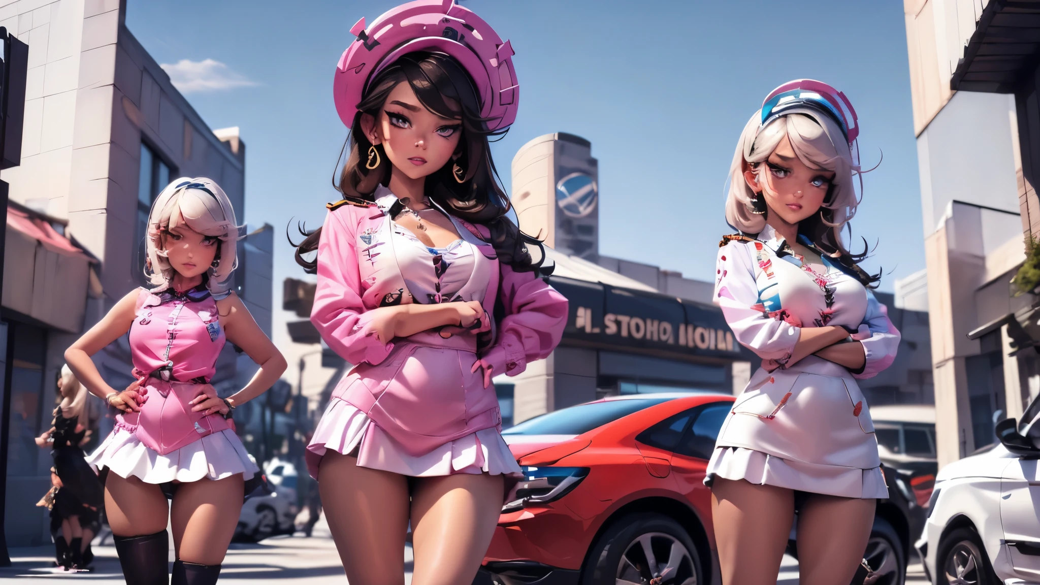 ((We have 4:1.8))、(4 sisters)、gal、(neon street)、(Four tall high school girls with model figures:1.7)、(Standing facing this), (best quality,4k,8k,highres,masterpiece:1.2),ultra-detailed,(realistic,photorealistic,photo-realistic:1.37),portraits,[close up],[women],[group],[short skirts],A close up of a group of women in short skirts, beautiful detailed eyes,beautiful detailed lips,extremely detailed faces,gorgeous makeup,stylish hairstyles,fashionable outfits,sassy poses,confident expressions,city backdrop,vibrant colors,soft lighting,colorful bokeh. ultra-high-quality. ultra detail.
