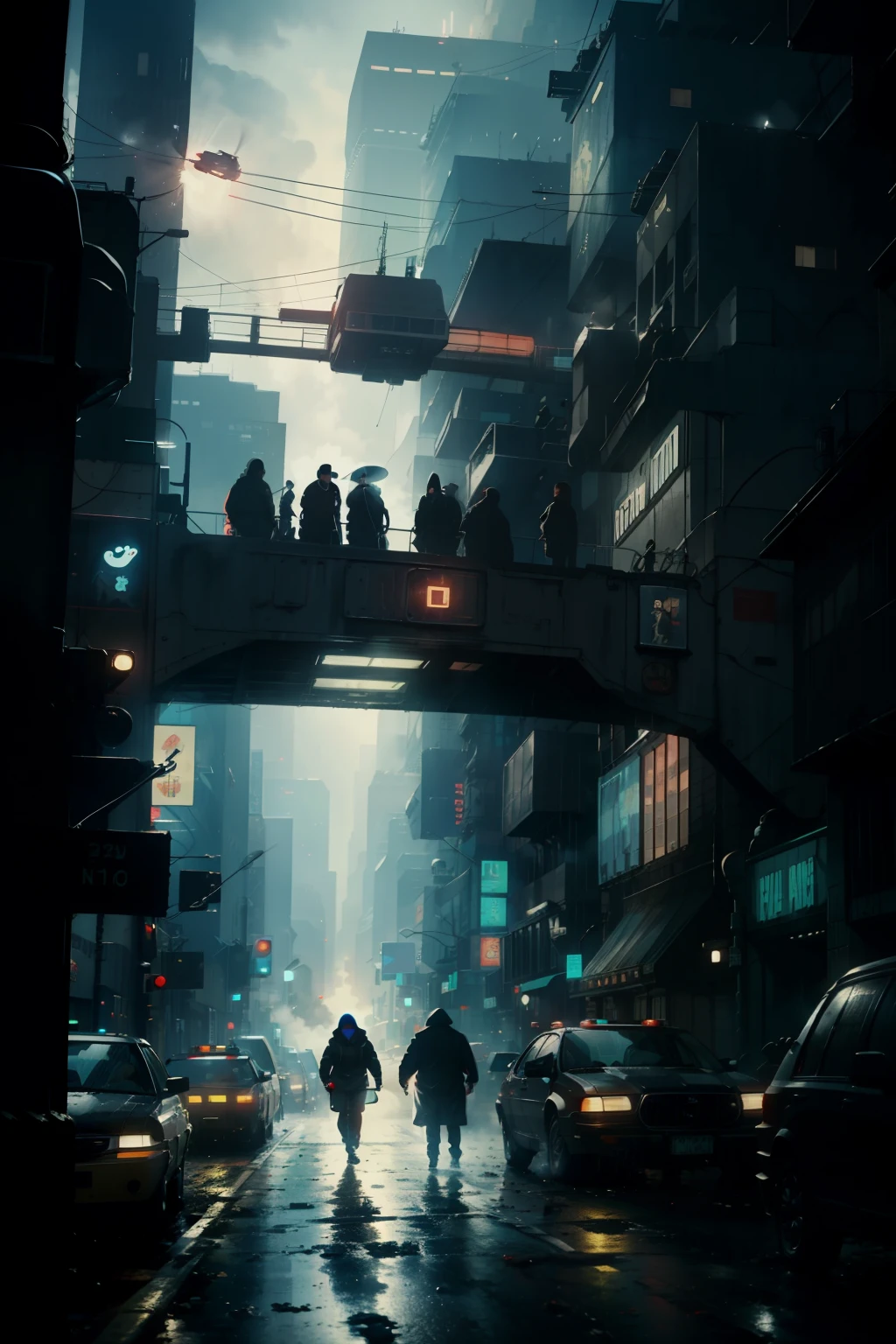 ((highest quality)), ((masterpiece)), (be familiar with), (High definition), (Accurate), (Realistic), (Cinematic), (Best Shadow), (Low contrast), (8K), Perfect Face, ((SYD MEAD style)), manga、mangaデザイン、Storyboard、Frame division、1 Female, Black Hair, very short hair, ((Blue Eyes)), (Replicant), (Action Scenes:1.2 )、Wearing a hooded raincoat、Hollow Eyes、(Scramble crossing), Being chased by the police、The car is jammed、The drone is flying、congestion, congestion, Decadent Future City, NEO TOKYO, A.D.2051, (steam:1.2), It's raining white, evening, (Close-up of face)、(explosion)、(Terrorist incidents)、Bust Shot