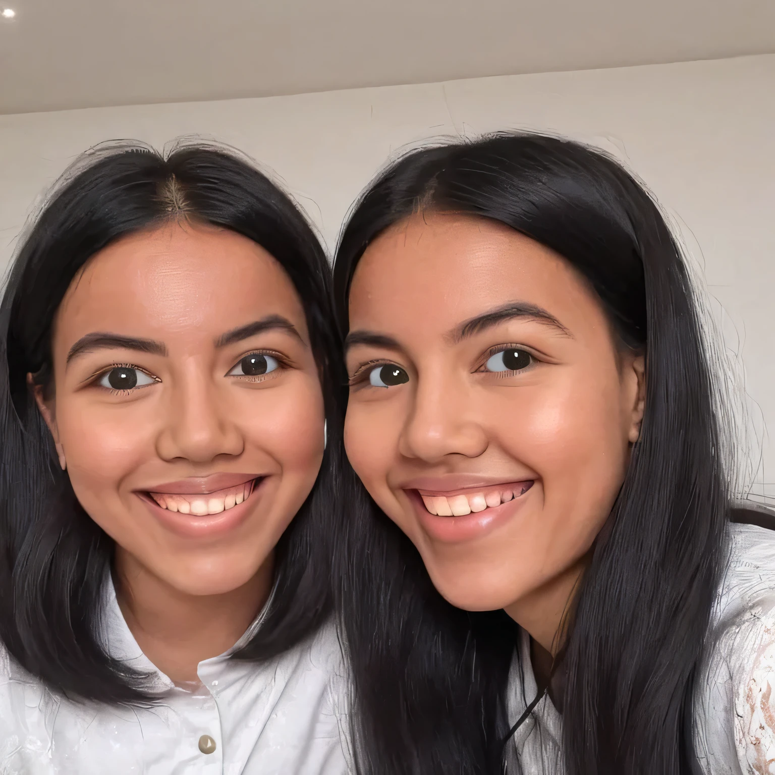 photorealistic, damaso, photo of 2girls on a video call, looking at viewer, smiling, long black hair, black eyes, nose, indoors, realistic face, realistic facial features