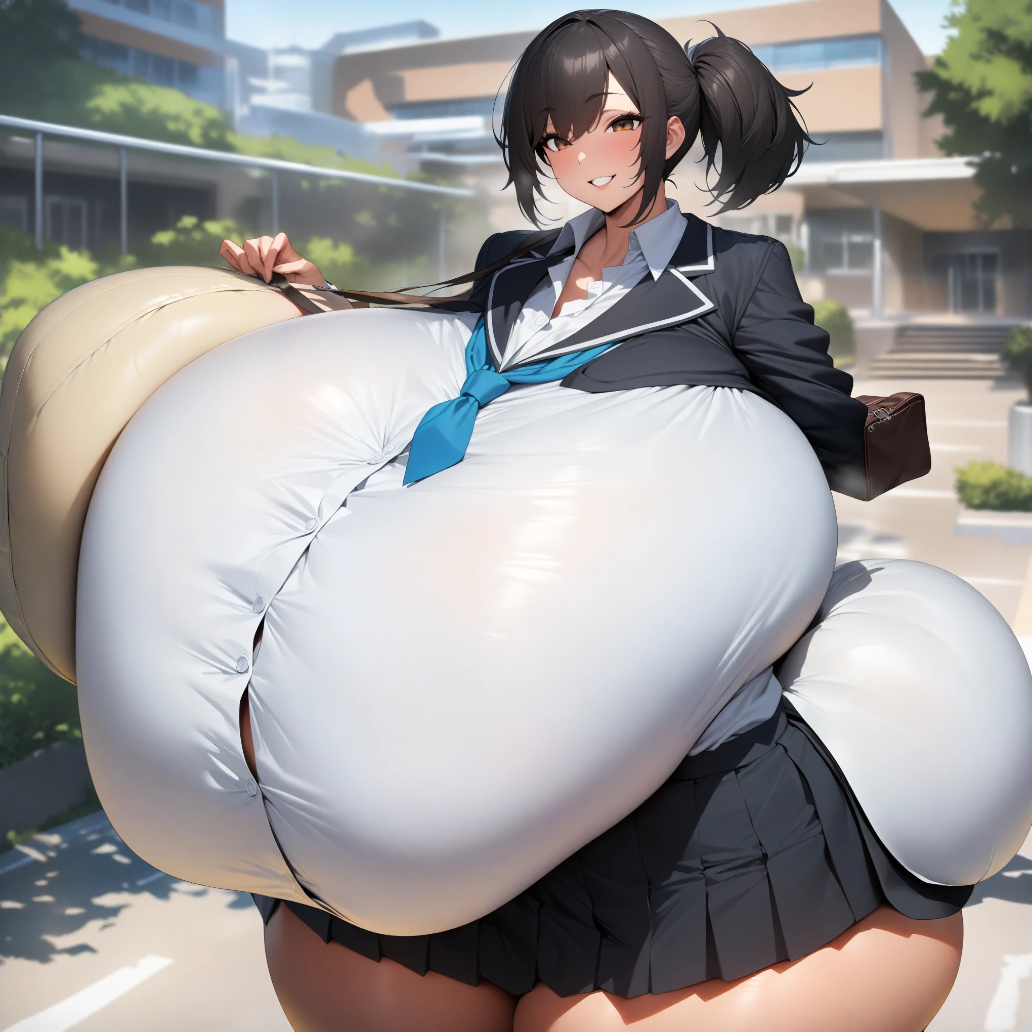 (masterpiece quality, high resolution, detailed background:1.25), (solo, 1 highschool girl:1.5), highschool uniform, at school, (cool, boyish:1.25), (gigantic breasts:1.35), looking at viewer, smile