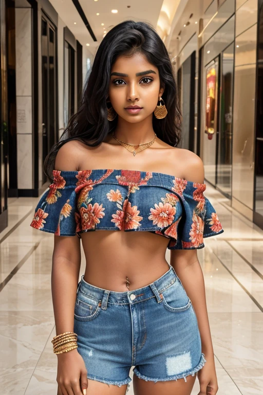 Tamil girl, 20 year old, off shoulder floral tops denim shorts, bare midriff, laced heels, eyes symmetry, face symmetry, HDR, bold and rich colors, inside a luxurious mall, HDR
