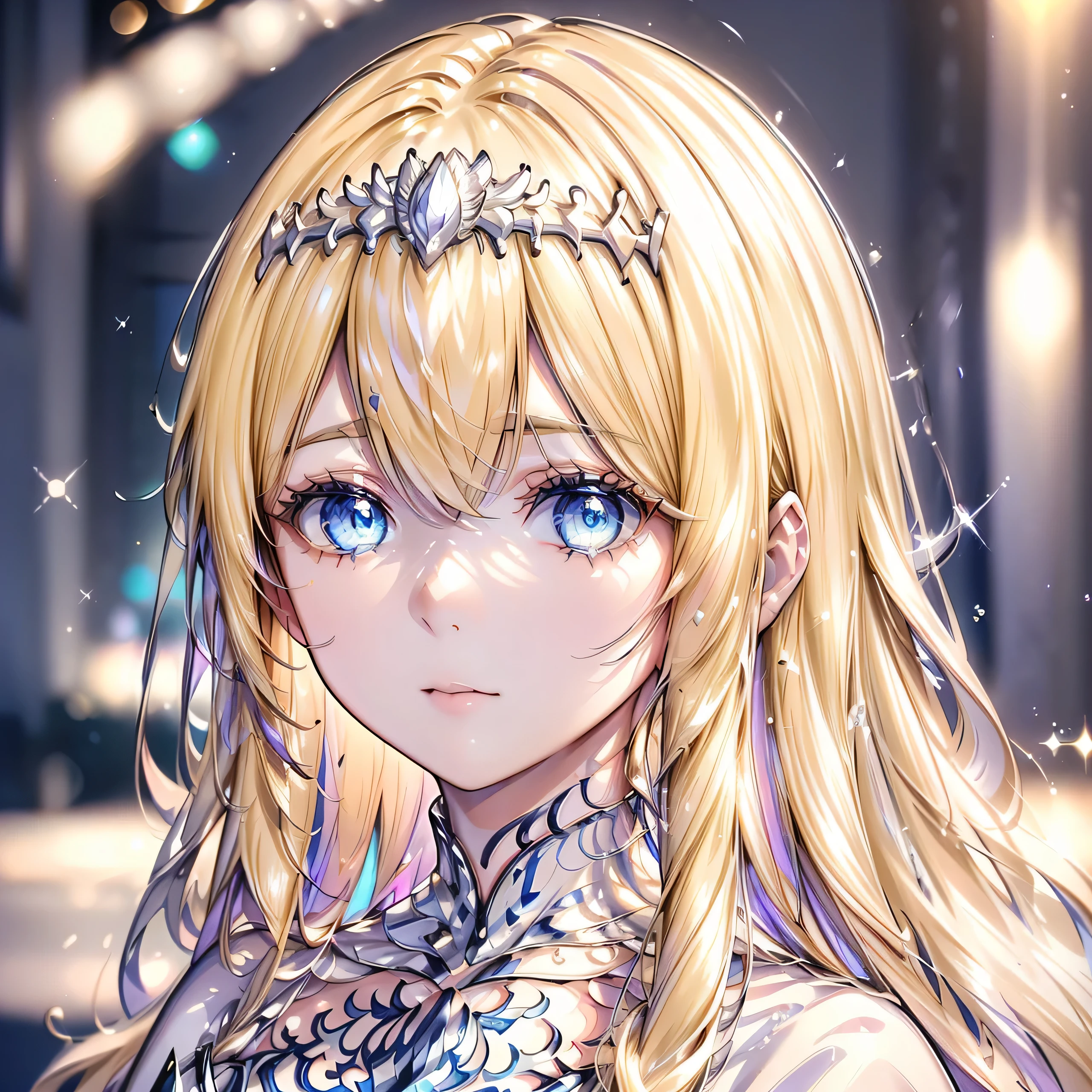 High definition RAW color art, Animation,sculptures, Silver Marble Skin, (((Ultra detailed elegant))), Magical atmosphere, (Detailed skin, Texture (Intricately detailed, Fine detail, ultra-detailliert), depth of fields, Bokeh, Silky Touch, Hyper Detail, Matte Drawing, sparkle background, down-light, purple neon, beautiful eyes, elegant face, , sunset, 1girl, solo, Calca, Calca Bessarez, blonde hair, extremely long hair, very long hair, white tiara, white dress, blue eyes, medium chest, full body