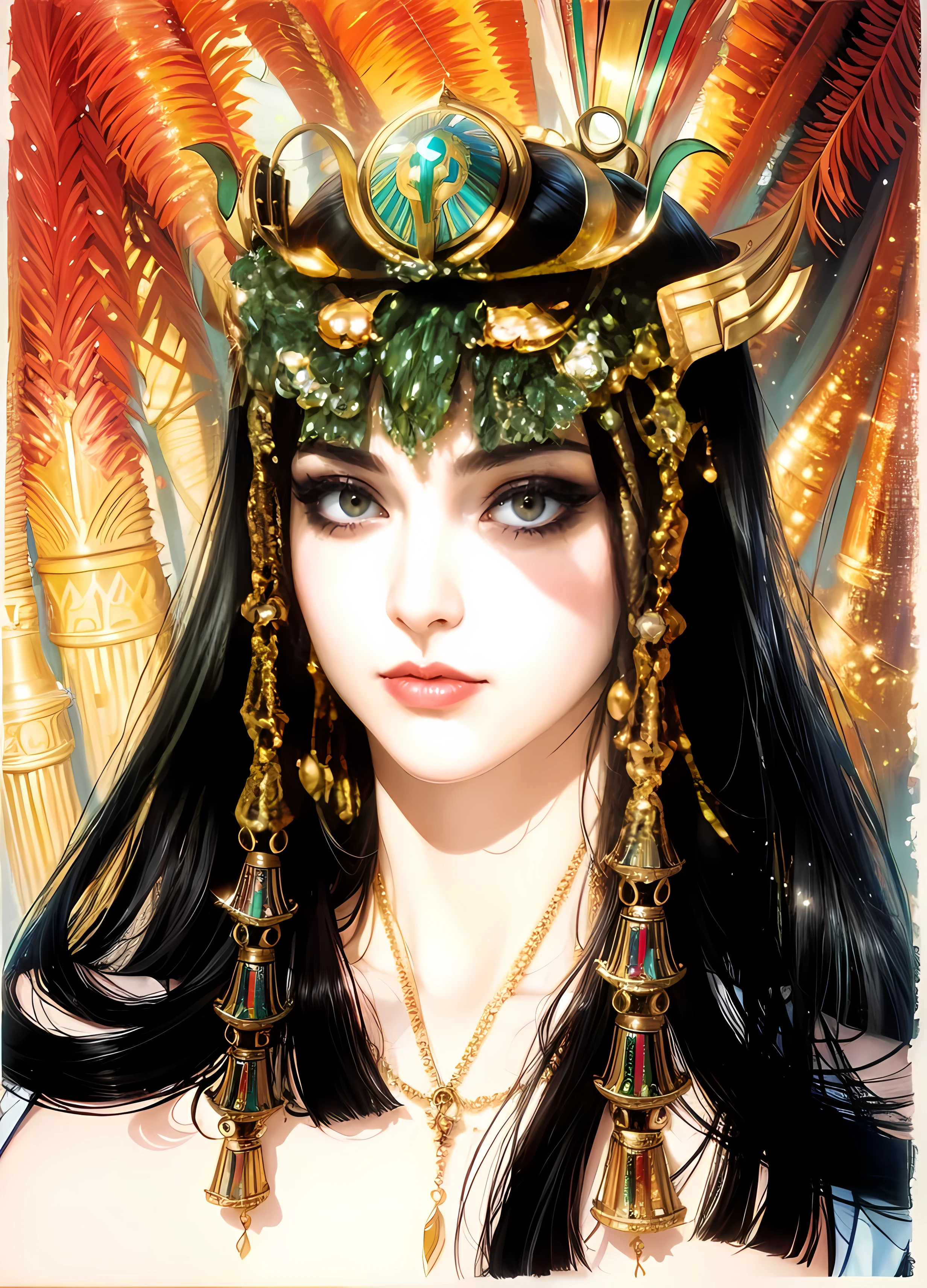 Queen of Egypt, A beautiful young Egyptian queen, Black long hair, Hair above eyes, Golden-eyed pupils, Egyptian gold jewelry on the head and body, Wearing a long white dress, blunt bangs, hair ornament, slit pupils, makeup, sad, Surrealism, rococo style, Renaissance, god rays, ray tracing, Fujicolor, projected inset, close-up, panorama, Fujifilm, lens flare, UHD, masterpiece, textured skin, super detail, high quality, award winning, best quality, 8k(illustration: 1.1), (panoramic: 1.4), (whole body: 1.05), (single: 1.2), (splashed ink), (Splash of Color), (watercolor), Close-up of water flow, lotus, rock, Ancient buildings and mountains in the distance, Beautiful and intricate garment pattern details, (carefully drawn face), (Exquisite facial features), Delicate hair depiction, (Delicate depiction of eyes), Detailed finger painting, (best quality), (masterpiece: 1.1), Ultra-clear resolution, 8k wallpaper, Ultra HD, more details, high quality, High Detail, Rich details, High scoring efficiency
