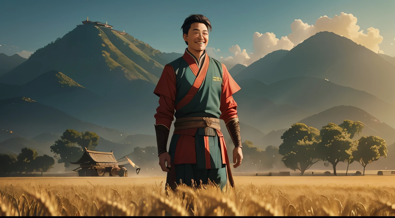 Smiling male farmer in wheat field, Holding a hoe,Wuya Style, Chinese cultural themes, bo chen, Unique Characters, Ruan Jia