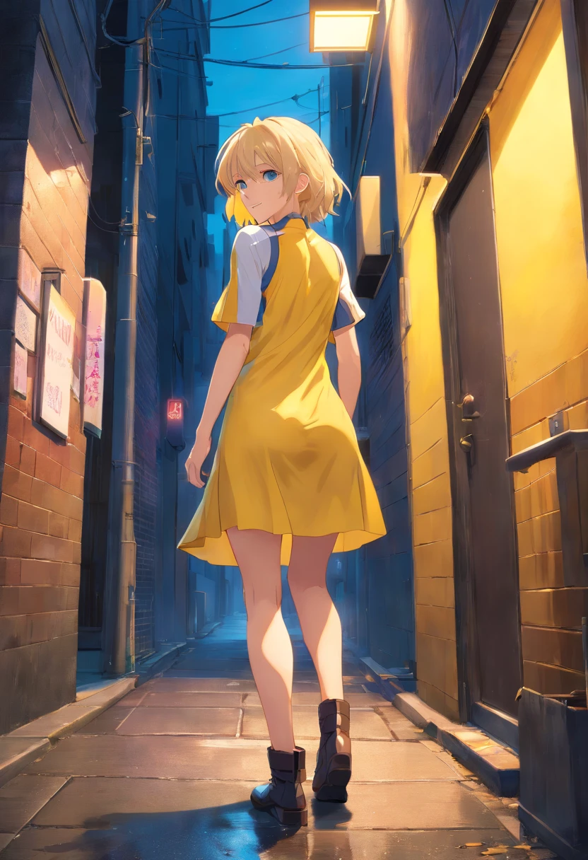 Mujer, 17 years, ((Rubia)), ((ojos azules)), sonriendo, ((yellow latex dress)), corto, tight to the body, ((botas largas hasta la rodilla)), De pie, in front of a dark alley, de noche, toma picada, piso mojado