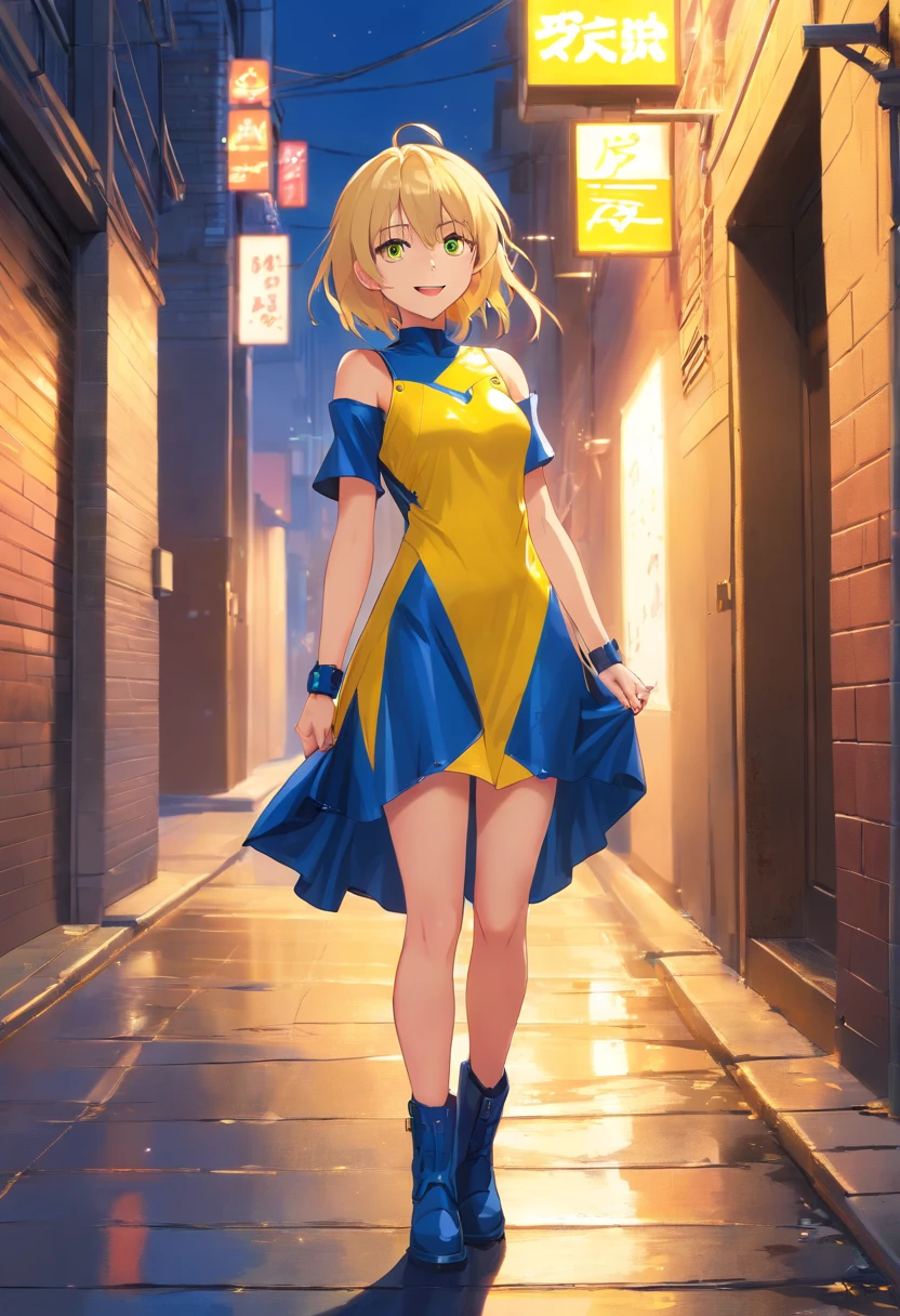 Mujer, 17 years, ((Rubia)), ((ojos azules)), sonriendo, ((yellow latex dress)), corto, tight to the body, ((botas largas hasta la rodilla)), De pie, in front of a dark alley, de noche, toma picada, piso mojado