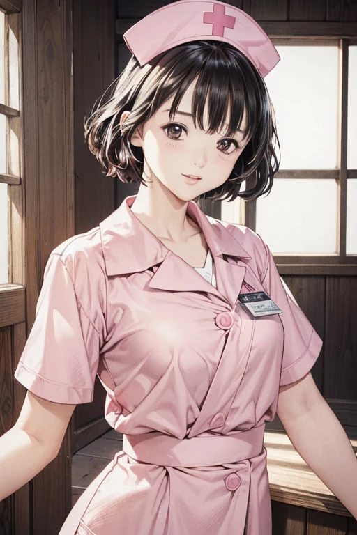 (8k、Photorealistic、Raw photo、highest quality: 1.3)、（real skin）,Beautiful expression、High Detail、超A high resolution、(1lady very short perm hair:1.5,black hair,make up:1.2)、Super Beauty、(True Face)、Captivate your audience、Beautiful breasts、Lover&#39;s point of view、Beautiful smile、attractiveSurreal、hanikami,(nurse outfit:1.2,pink:1.5,nurse cap),in I's style