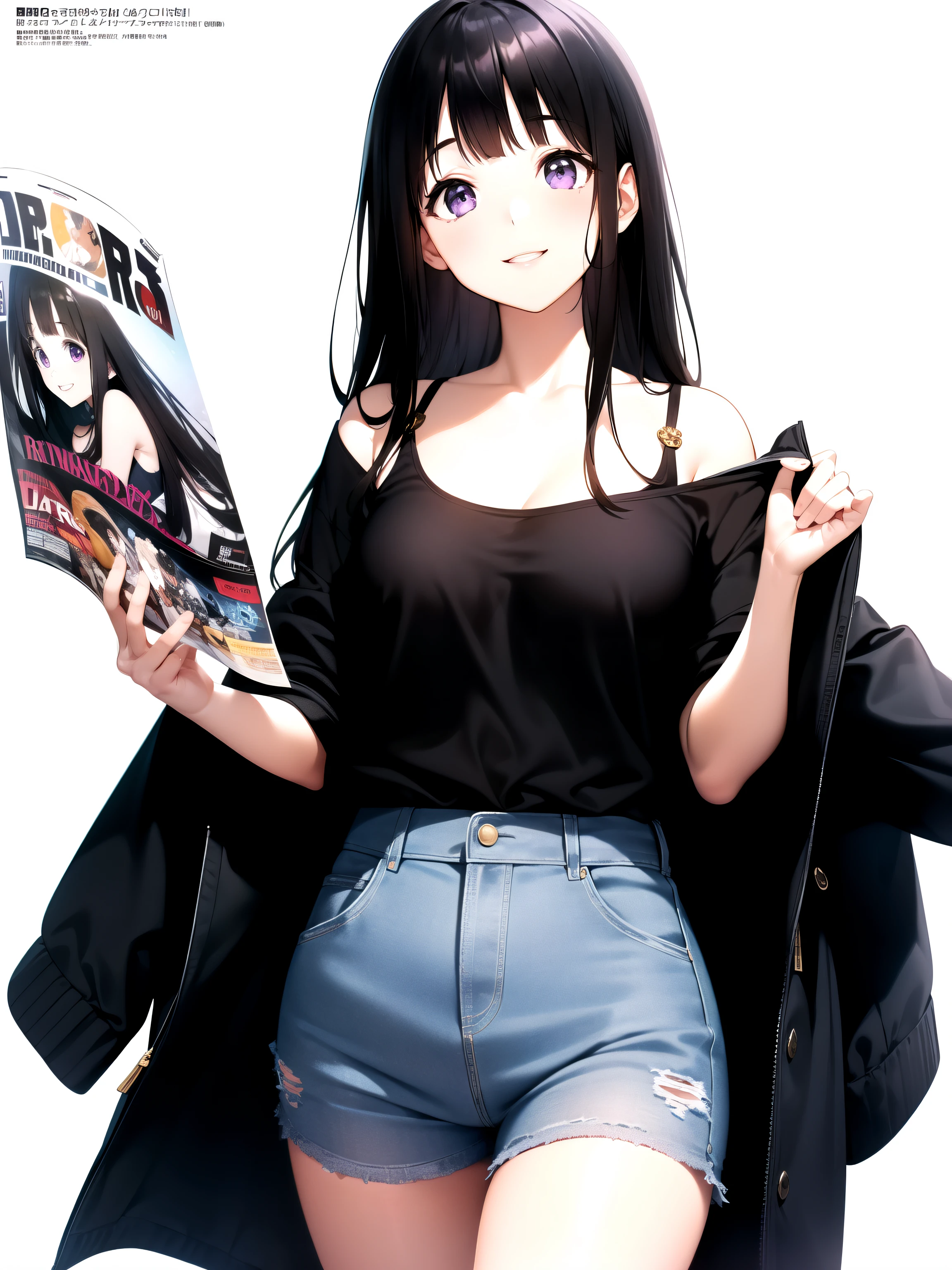(A superb exquisite Chitanda Eru), (mature face), intricate details, (finely detailed beautiful eyes: 1.2), purple eyes, long black hair, natural straight hair, straight bangs, solo, [Small_breasts: large_breasts: 0.5], extremely delicate, peerless beautiful girl, dreamy quality, solid color, bright lips, slender waist, straight curves, soft lights and shadows, super fine, 8K HD, (masterpiece:1.4), (((happy smile, reading a magazine, hiding behind a magazine, white background, looking at viewer, casual clothes)))