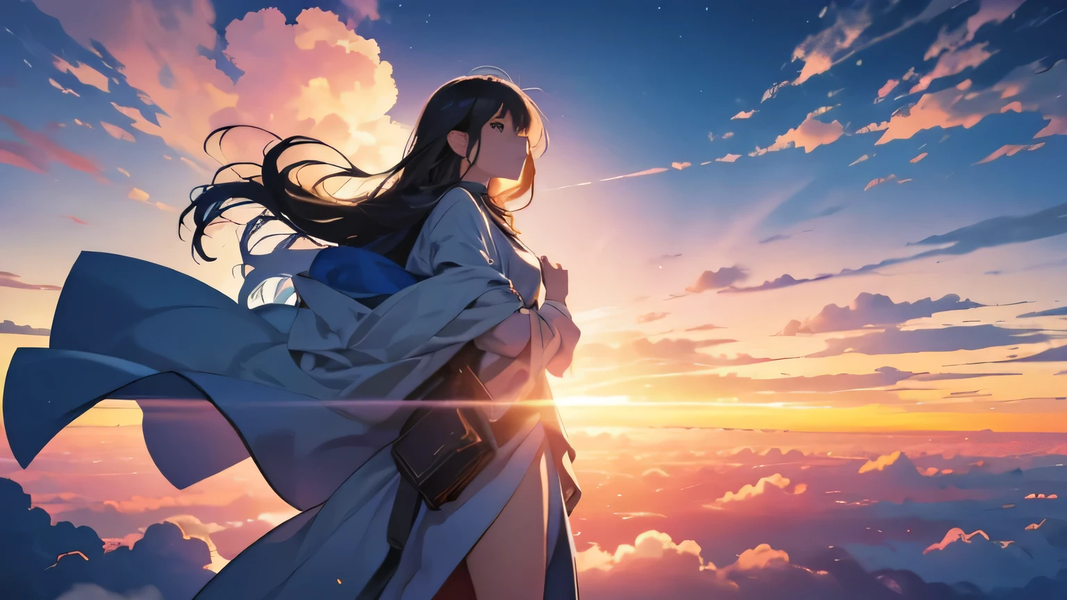 Absurd, High Resolution, (Official Art, Beautiful, Aesthetic:1.2), Full Length Into Screen, Glowing Sky, Vast World, Girl, Gazing, Awe inspiring expression, Distant Horizon, Clouds, High Hill, Natural Beauty, Inspirational, Light Effects