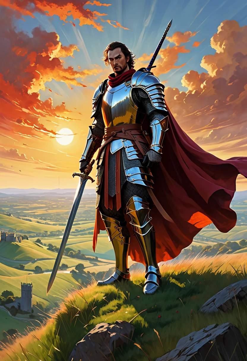 A swordsman with a fierce expression, shiny sword, and flowing cape, standing at the top of a tall hill overlooking a vast medieval battlefield. The swordsman is wearing a suit of armor with intricate engravings, and his eyes are filled with determination and focus. The battlefield is filled with knights in shining armor engaged in intense combat, with the clash of swords and the sound of battle cries filling the air. The sky above is painted with vibrant hues of orange and red, reflecting the intensity of the battle. The scene is bathed in dramatic, golden sunlight, casting long shadows on the ground. The grass on the hill is lush and green, adding a touch of life amidst the chaos. This artwork is created using realistic painting techniques, with ultra-detailed brushstrokes capturing every intricate detail of the swordsman, the battlefield, and the surrounding landscape. The overall image quality is of the highest caliber, with the artwork crafted at a 4k resolution to ensure every aspect is fully realized. The lighting is carefully designed to enhance the intensity and drama of the scene, with strong highlights and deep shadows creating a dynamic and captivating atmosphere. The colors are rich and vibrant, with a warm color palette that emphasizes the passion and energy of the battle.