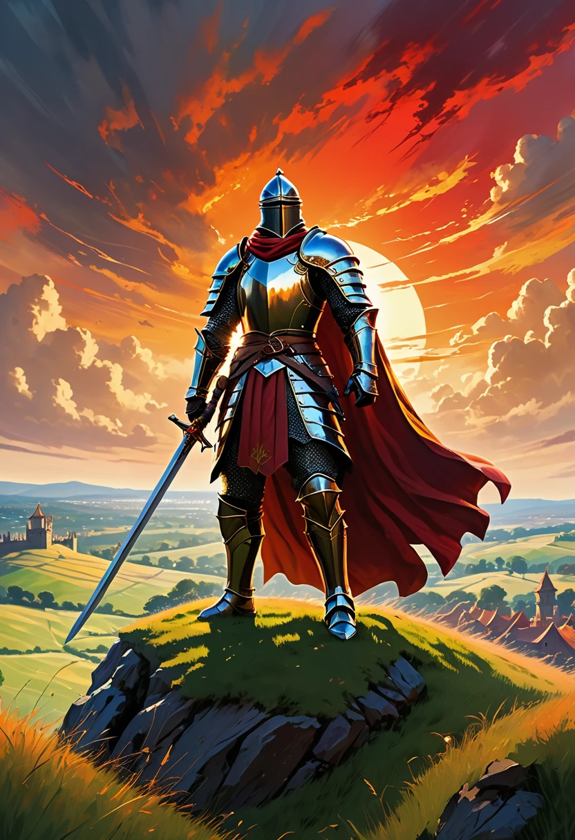 A swordsman with a fierce expression, shiny sword, and flowing cape, standing at the top of a tall hill overlooking a vast medieval battlefield. The swordsman is wearing a suit of armor with intricate engravings, and his eyes are filled with determination and focus. The battlefield is filled with knights in shining armor engaged in intense combat, with the clash of swords and the sound of battle cries filling the air. The sky above is painted with vibrant hues of orange and red, reflecting the intensity of the battle. The scene is bathed in dramatic, golden sunlight, casting long shadows on the ground. The grass on the hill is lush and green, adding a touch of life amidst the chaos. This artwork is created using realistic painting techniques, with ultra-detailed brushstrokes capturing every intricate detail of the swordsman, the battlefield, and the surrounding landscape. The overall image quality is of the highest caliber, with the artwork crafted at a 4k resolution to ensure every aspect is fully realized. The lighting is carefully designed to enhance the intensity and drama of the scene, with strong highlights and deep shadows creating a dynamic and captivating atmosphere. The colors are rich and vibrant, with a warm color palette that emphasizes the passion and energy of the battle.