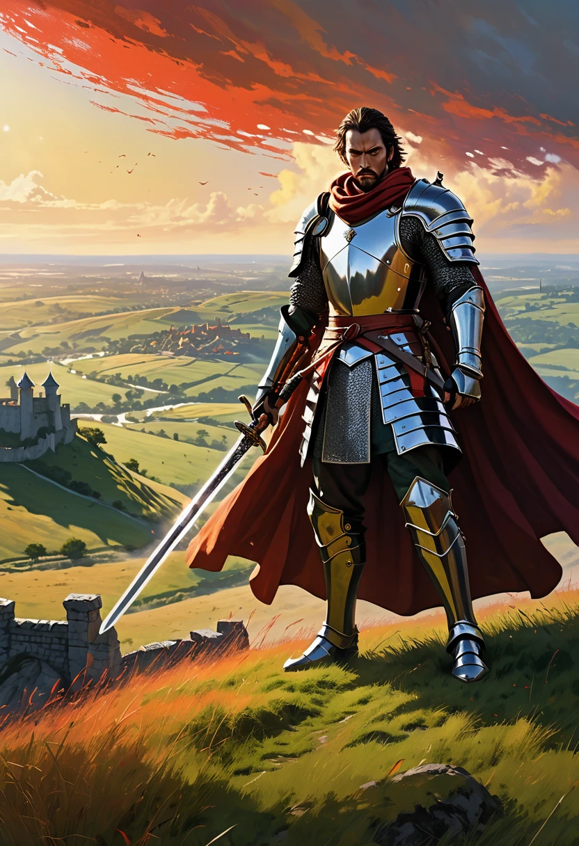 A swordsman with a fierce expression, shiny sword, and flowing cape, standing at the top of a tall hill overlooking a vast medieval battlefield. The swordsman is wearing a suit of armor with intricate engravings, and his eyes are filled with determination and focus. The battlefield is filled with knights in shining armor engaged in intense combat, with the clash of swords and the sound of battle cries filling the air. The sky above is painted with vibrant hues of orange and red, reflecting the intensity of the battle. The scene is bathed in dramatic, golden sunlight, casting long shadows on the ground. The grass on the hill is lush and green, adding a touch of life amidst the chaos. This artwork is created using realistic painting techniques, with ultra-detailed brushstrokes capturing every intricate detail of the swordsman, the battlefield, and the surrounding landscape. The overall image quality is of the highest caliber, with the artwork crafted at a 4k resolution to ensure every aspect is fully realized. The lighting is carefully designed to enhance the intensity and drama of the scene, with strong highlights and deep shadows creating a dynamic and captivating atmosphere. The colors are rich and vibrant, with a warm color palette that emphasizes the passion and energy of the battle.