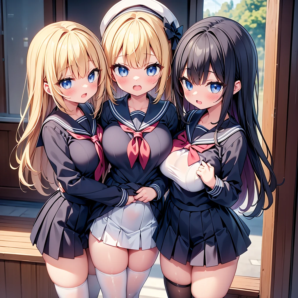 highest quality,wonderful,finely,extremely detailed CG Unity 8K wallpaper, (Stand in line:1.2), (3 girls, cute eyes, sailor uniform, clothed), (huge breasts), (open mouth:1.1), (long tongue:1.1), (mouth drool:1.1), (black stockings:1.1),(Thighs:1.1),(Waistline:1.1), (shirt lift by myself:1.3)