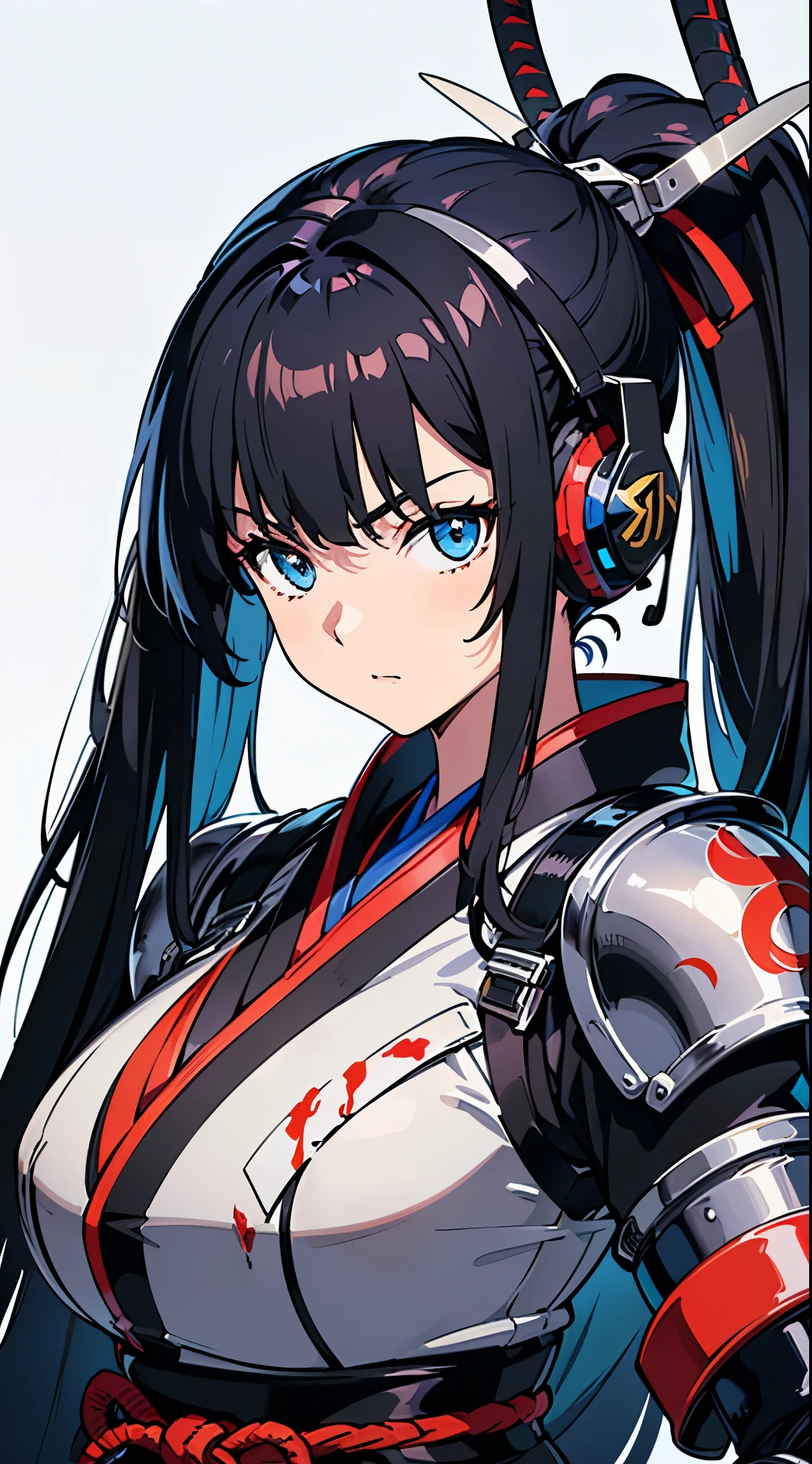 (Dynamic pose:1.3)、(Mouth open)、(Cyber Headphones:1.3)、Beautiful woman,(((head shot:1.5)))、(((samurai kimono)))、 (((Mechanical Samurai、Machinery Armor))), ((Perfect figure, Beautiful Face, Beautiful Face, Ponytail Hairstyles, Beautiful Skin, Very detailed髪, Finer details)), (Perfect android woman)、(Android Armor)、(((Cinema Lighting, Beautiful lighting effects, Creative Design, Full Body Frame, Divine Aura, hard Harmony , Perfect color change, Perfect contrast balance, Perfect color layers, Perfectly smooth color bleeding, Soft Rendering, smooth color strokes, Optical Lenses, Soft colors, Smooth color blending, Perfect color expression, Harmony, perfect color Harmony, Beautiful colors, soft Harmony, Particles of light, Perfect detail, Intricate details, color prism, Finer details, Finer details))), super high quality, Very detailed,Perfect drawing,alone, beautiful girl, masterpiece, (mecha musume), Machinery Armor, headgear, Mechanical Wing, brandishing a sword、Samurai with a huge gun, Black ponytail, Her hair is tied with a big red ribbon, Equipped with two Japanese swords ((extra large cool samurai_Sword in hand, Huge and cool weapon machine)), Open Stance, Action pose,purgatory , ((highest quality))),8k,((masterpiece)),(Very sophisticated and beautiful)