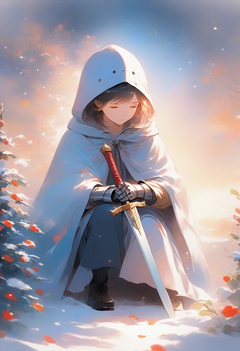 solo, 1boy, holding, sitting, weapon, male focus, sword, hood, cape, holding weapon, armor, glowing, holding sword, gauntlets, cloak, snow, 1other, hood up, snowing, one knee, planted, full armor, planted sword, ambiguous gender