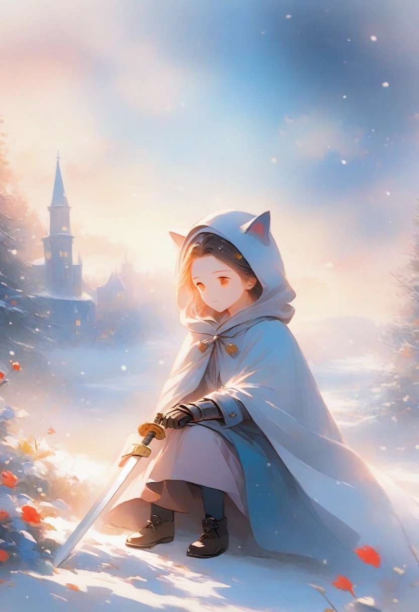 solo, 1boy, holding, sitting, weapon, male focus, sword, hood, cape, holding weapon, armor, glowing, holding sword, gauntlets, cloak, snow, 1other, hood up, snowing, one knee, planted, full armor, planted sword, ambiguous gender