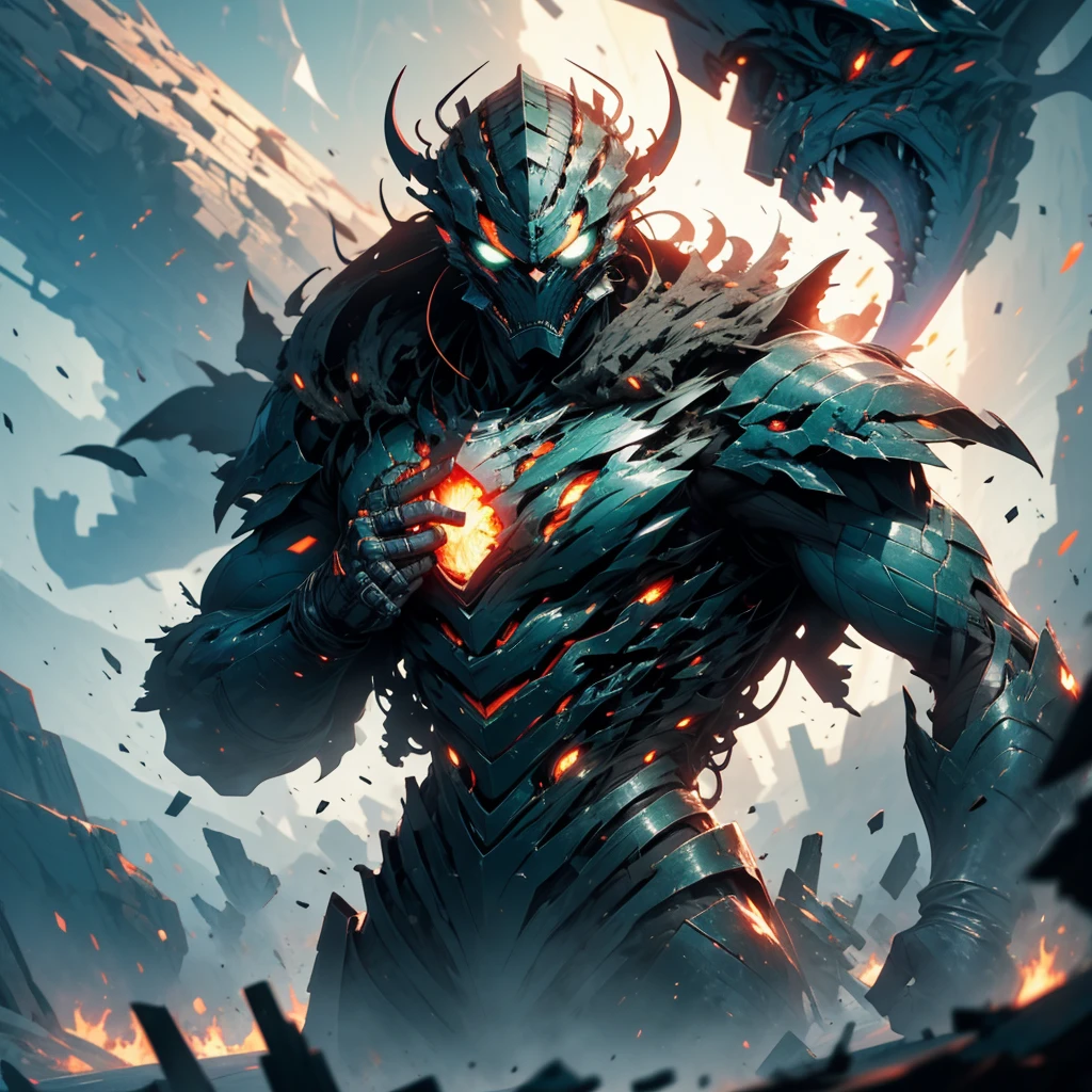 "Create an anime-style image of a Persona that blends elements of a Wendigo and Hell Biker. The Persona should be large and skeletal, with a body engulfed in blue or red flames. The head should have a demonic skull with large horns and intense, glowing eyes. The arms and legs should be muscular, with sharp, metallic claws, and chains with flame effects should be floating around or entwined around the limbs. The background should be dark and infernal, with a fiery sky, and the Persona should be in a threatening combat pose."