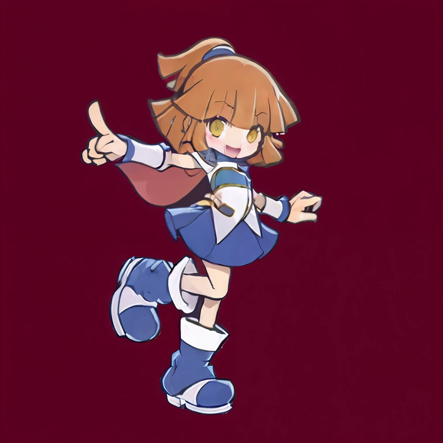 (masterpiece, best quality,highres,extremely detailed),break,
1 girl,chibi anime,arlenadja, 1girl, solo, skirt, brown hair, blue skirt, brown eyes, boots, short hair, half updo, blue footwear, knee boots, armor,break,
 full body shot,smile,open mouth, standing , raise one leg	,one arm down,one arm pointing,no background  