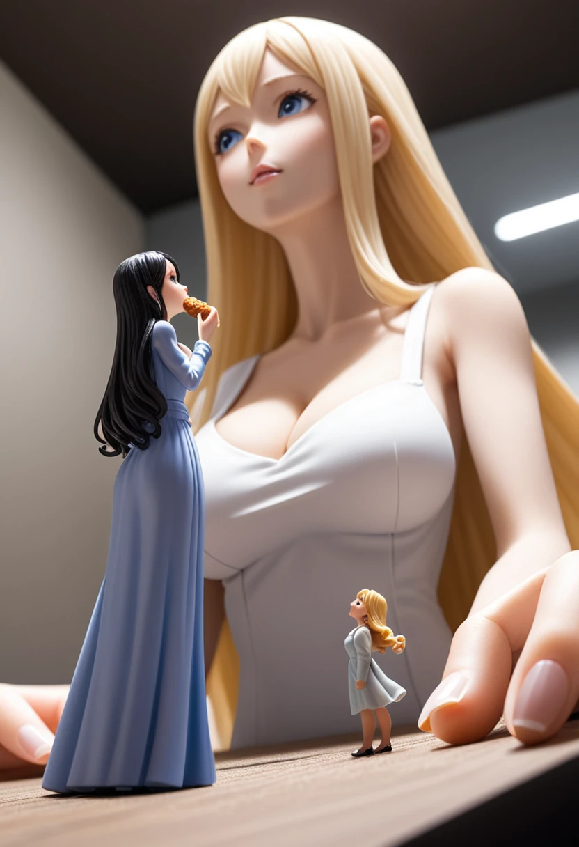 (a miniature woman on a table eating food in front of a giantess: 1.2), (a miniature woman on a table eating food in front of a giantess breasts and face: 1.2), (large breasts: 1.1), long hair, long bangs, cleavage, (from below: 1.2), (from below view foreshortening: 1.1), (skinny and tall: 1.1), (mature face: 1.2), (long bangs long hair: 1.2), (2girls: 1.6), (miniature woman: 1.1), (height difference: 1.6), (size difference: 1.3), (looking at another: 1.2), (looking down at her), (miniature woman looking up at her: 1.2)