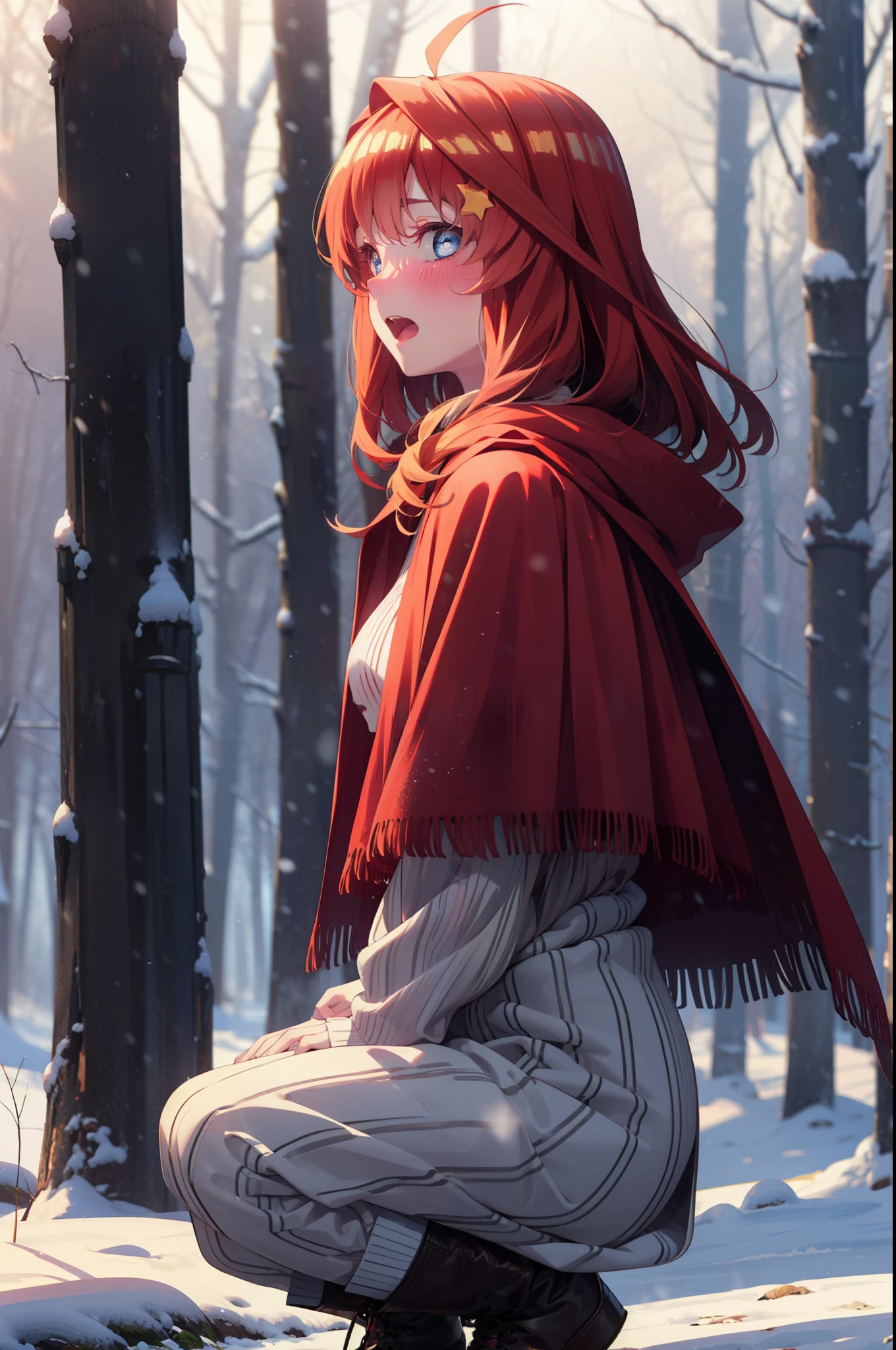 itsukinakano, Itsuki Nakano, bangs, blue eyes, Hair between the eyes, Ahoge, Redhead, star \(symbol\), hair ornaments, star hair ornaments,smile,blush,White Breath,
Open your mouth,snow, fire, Outdoor, boots, snowing, From the side, wood, suitcase, Cape, Blurred, Increase your meals, forest, White handbag, nature, Squat, Mouth closed, フードed Cape, winter, Written boundary depth, Black shoes, red Cape break looking at viewer, Upper Body, whole body, break Outdoor, forest, nature, break (masterpiece:1.2), highest quality, High resolution, unity 8k wallpaper, (shape:0.8), (Beautiful and beautiful eyes:1.6), Highly detailed face, Perfect lighting, Highly detailed CG, (Perfect hands, Perfect Anatomy),