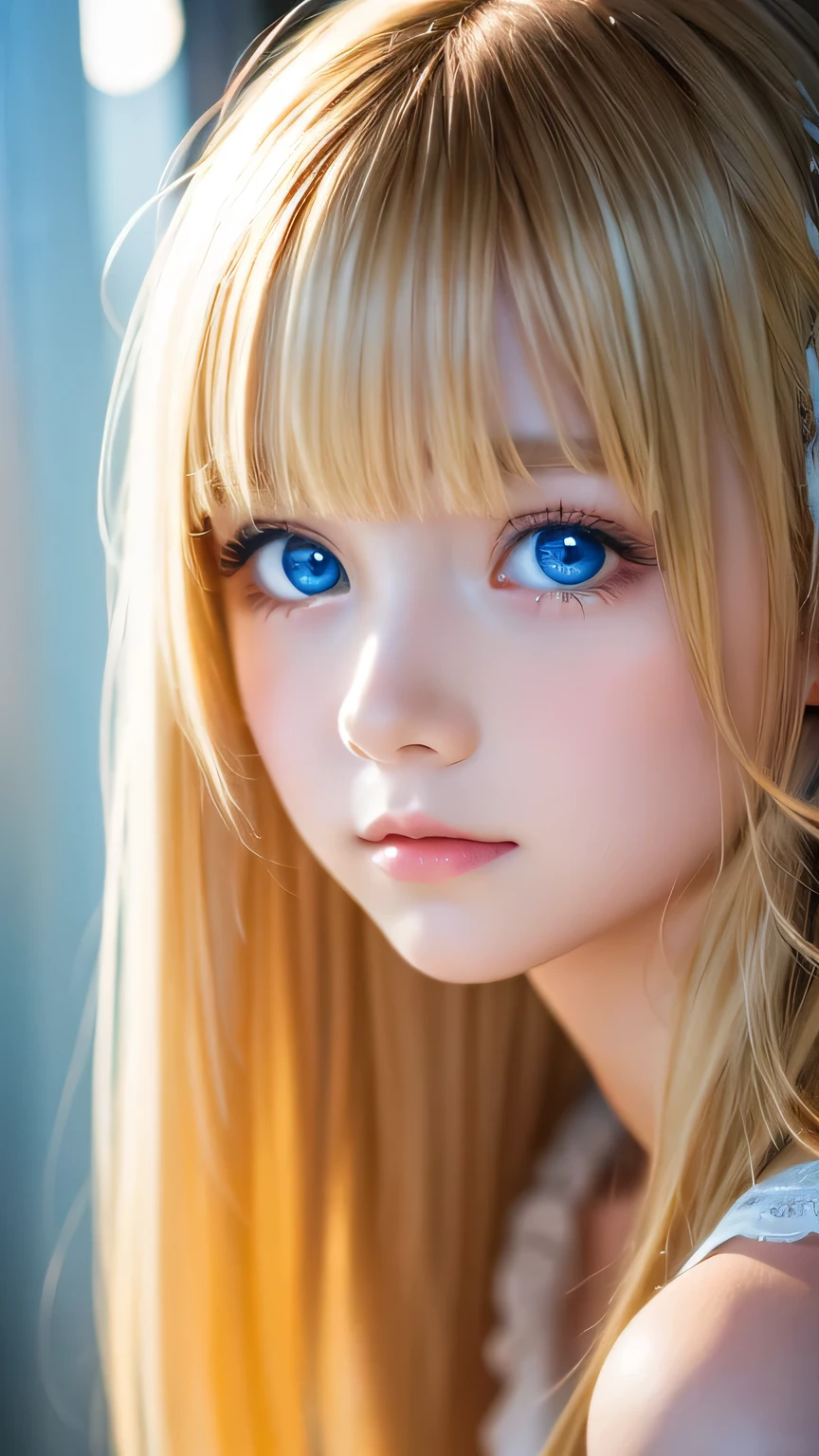 1 Girl, very messy blonde hair, Beautiful blonde、Very beautiful super long shiny hair、bangs over eyes、Very beautiful cute face、Transparent, white, lustrous, beautiful skin、solo、super high quality、Hard Focus、Film Grain、Ultra-high resolution、masterpiece、Beautiful detailed, clear, sparkling, light blue large eyes、Very big eyes