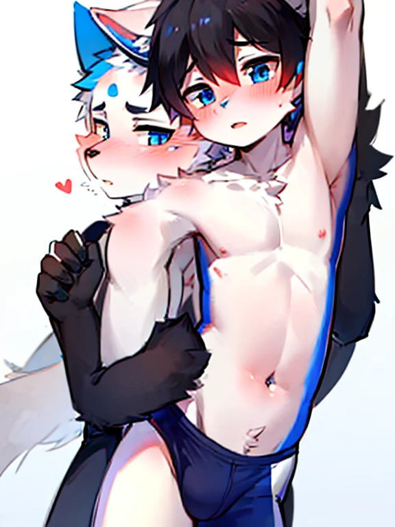 2 boys, Wolf,young people，Black and white fur，Topless，Red and blue eyes，blush