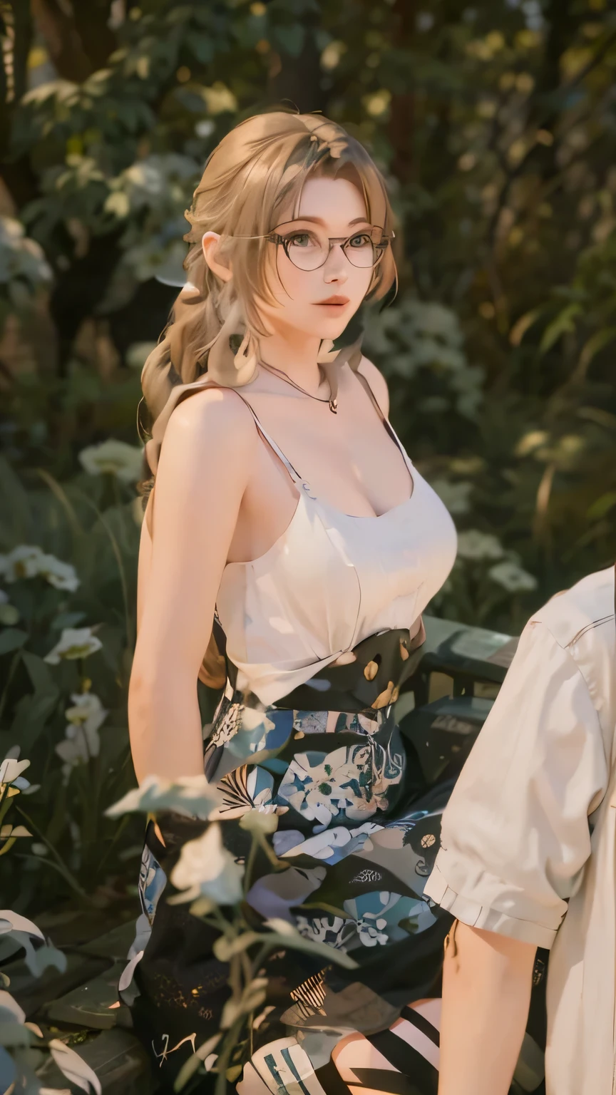 there is a woman in a dress and glasses walking in the woods, [ 4 k photorealism ]!!, [ 4 k photorealism ]!!!, in the grass, render of april, [ 4 k photorealism ], in a grassy field, with soft bushes, in the countryside, sitting in a field of flowers, casual pose, realistic afternoon lighting, photorealistic content