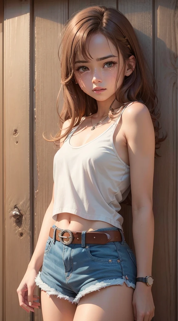 (highest quality, Very detailed, Photorealistic:1.(Crying face),Cute and sexy teenager, brown hair,Small breasts, White sleeveless shirt,wearing denim shorts, Belted,(watch,G-SHOCK), Moderate:Pencil sketch, Grainy, Vibrant colors, Soft lighting, Outdoor Scene, Warm Tones,Wooden wall,whole body