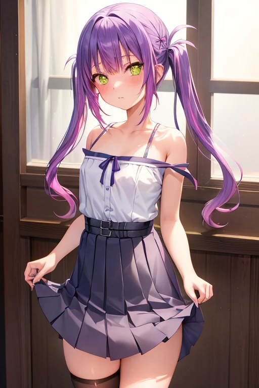 highest quality, High resolution, Towa Tokoyami, NSFW, Glowing Skin, bangs, Purple Hair, Twin tails, Sparkling eyes, Navy blue pleated skirt, skirt lift, skirt hold, panties, camisole, Knee-high socks, Moderate abs, blush, sharp focus, moody lighting, meadow