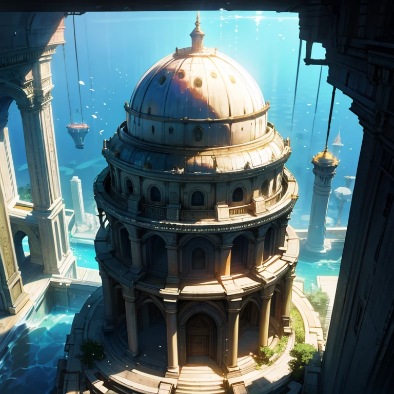 underwater city cover by a dome, dome over underwater city,
