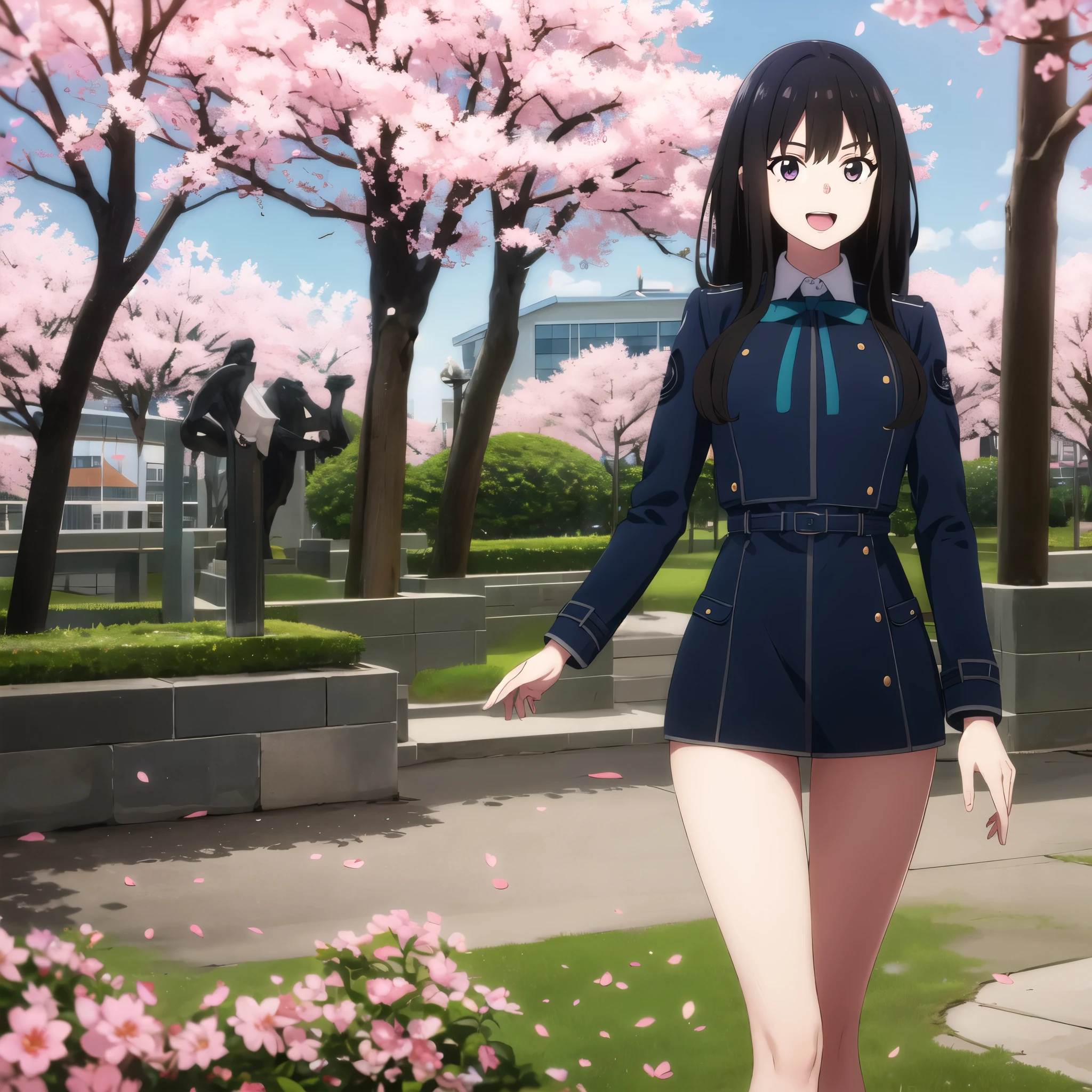 1girl, solo, alone, masterpiece, best quality, highres, aatakina, long hair, black hair, breasts, neck ribbon, collared shirt, lycoris uniform, two-tone dress, blue dress, grey dress, long sleeves, belt, cherry blossoms, outdoors, petals, standing, cowboy shot, smile, open mouth,