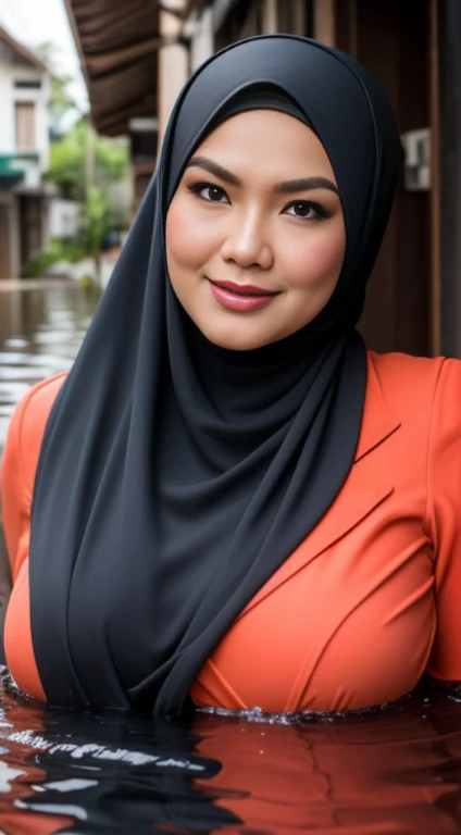 gravure, from the chest up, masutepiece, Best Quality, Ultra-detailed, Photorealistic, super detailed skin, Perfect Anatomy, (1 Malaysian), (Solo), 84 years old, Large breasts, Malaysian Hijab actress, satin red hijab, glamor, A sexy, Chromo-white skin, Looking at Viewer, Being in a flooded village, High flood water at the central level, Flooding chest level, VERY DEEP FLOODING, The flood outside the house is very high, Thick pubic hair & smile, The flood rose up to shoulder level.