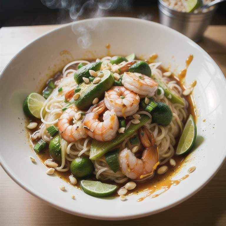 A photorealistic close-up of steaming Pad Thai with plump shrimp, crushed peanuts, and a wedge of lime.