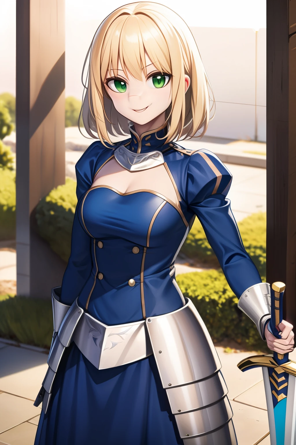 best quality, masterpiece, 1girl, raytracing, ultra detailed,detailed face, 8k wallpaper,  wide hips, smile, ArtoriaPendragon_NDV, 1girl, blonde hair, medium breasts, medium hair, green eyes, blue dress, long sleevess, blue ribbon,  outdoor, armor, sword, dynamic,look at viewr,cowboy shot