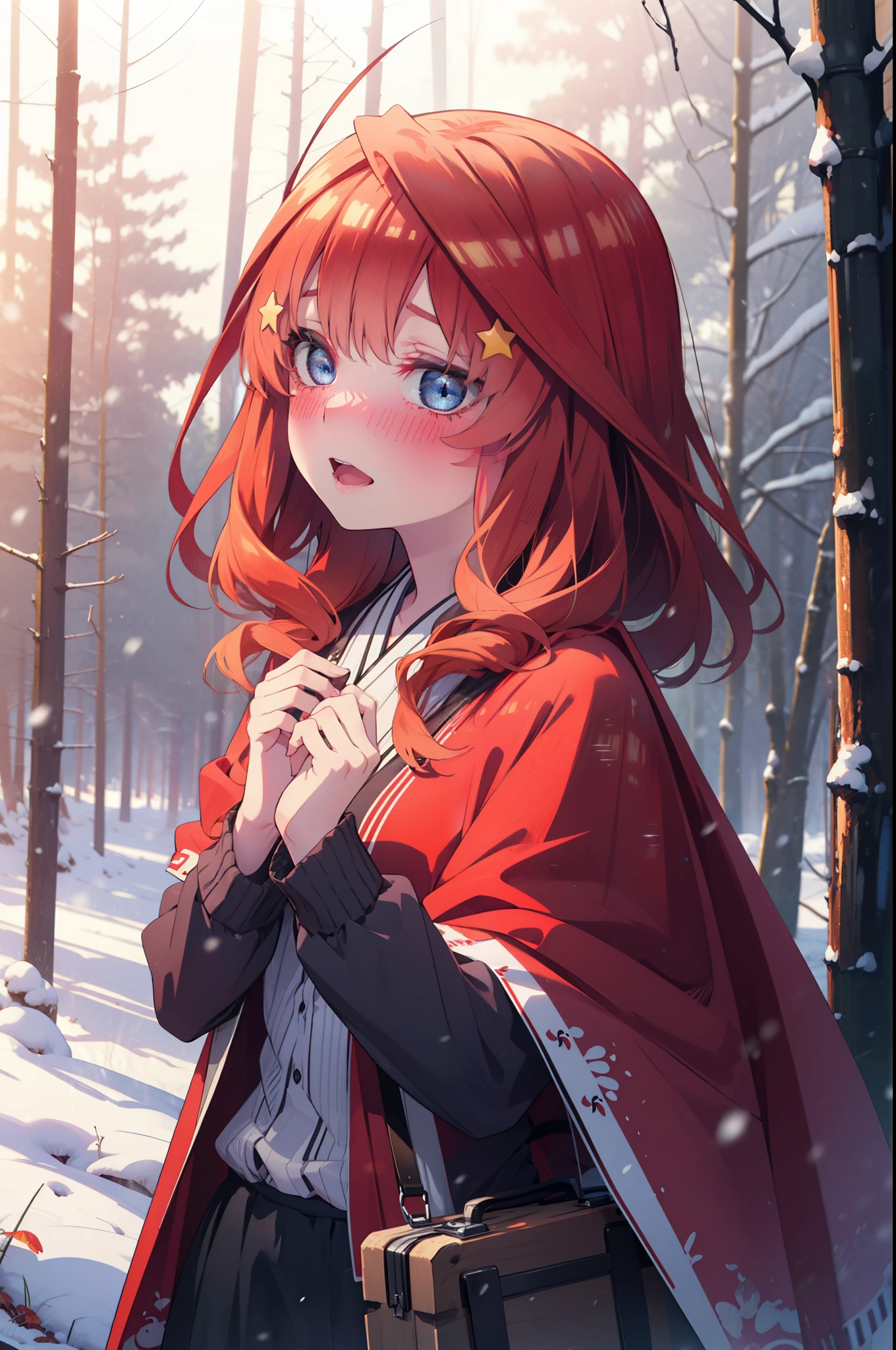itsukinakano, Itsuki Nakano, bangs, blue eyes, Hair between the eyes, Ahoge, Redhead, star \(symbol\), hair ornaments, star hair ornaments,smile,blush,White Breath,
Open your mouth,snow, fire, Outdoor, boots, snowing, From the side, wood, suitcase, Cape, Blurred, Increase your meals, forest, White handbag, nature, Squat, Mouth closed, フードed Cape, winter, Written boundary depth, Black shoes, red Cape break looking at viewer, Upper Body, whole body, break Outdoor, forest, nature, break (masterpiece:1.2), highest quality, High resolution, unity 8k wallpaper, (shape:0.8), (Beautiful and beautiful eyes:1.6), Highly detailed face, Perfect lighting, Extremely detailed CG, (Perfect hands, Perfect Anatomy),